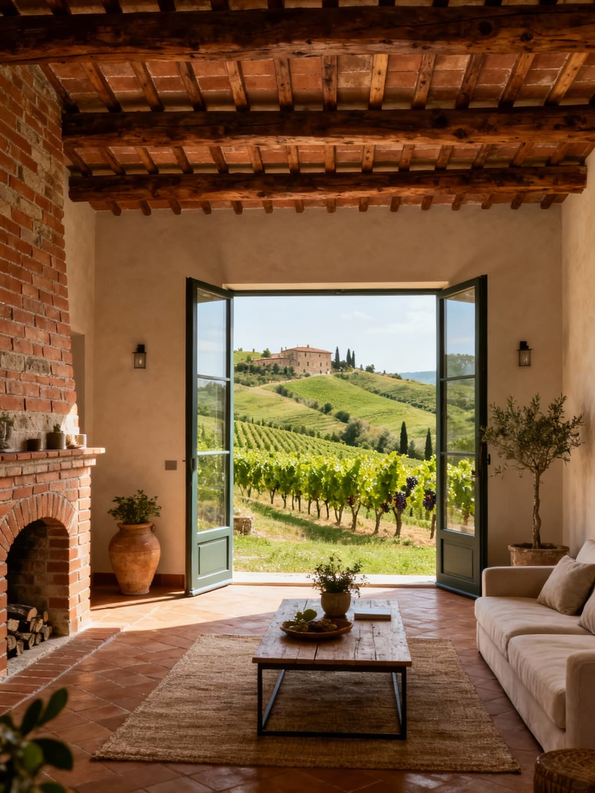 Charming agriturismo in the serene Siena countryside, surrounded by lush hills and vineyards, featuring local materials like terracotta and wood.