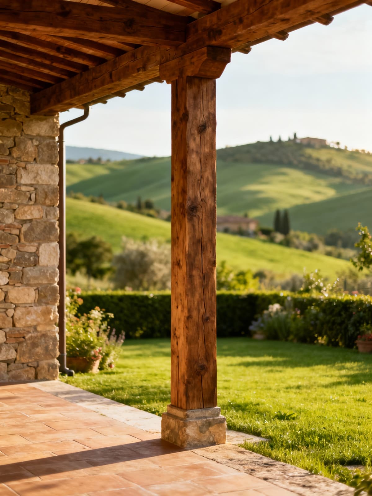 Independent homes in the Pisa countryside, surrounded by lush Tuscan hills, showcasing authentic stone and wood elements.
