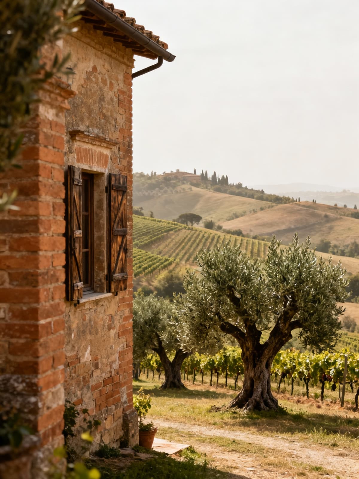 Charming rustic farmhouse nestled in the Sienese countryside, surrounded by vineyards and ancient olive trees.
