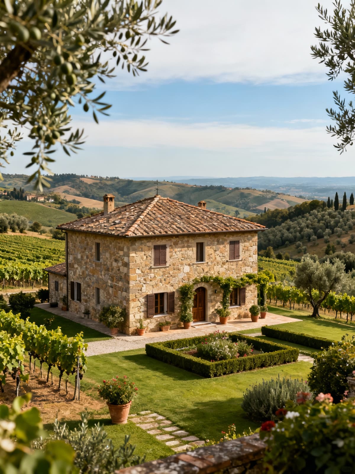 Charming independent house surrounded by Tuscany countryside near Prato, featuring stone walls and a serene sky.