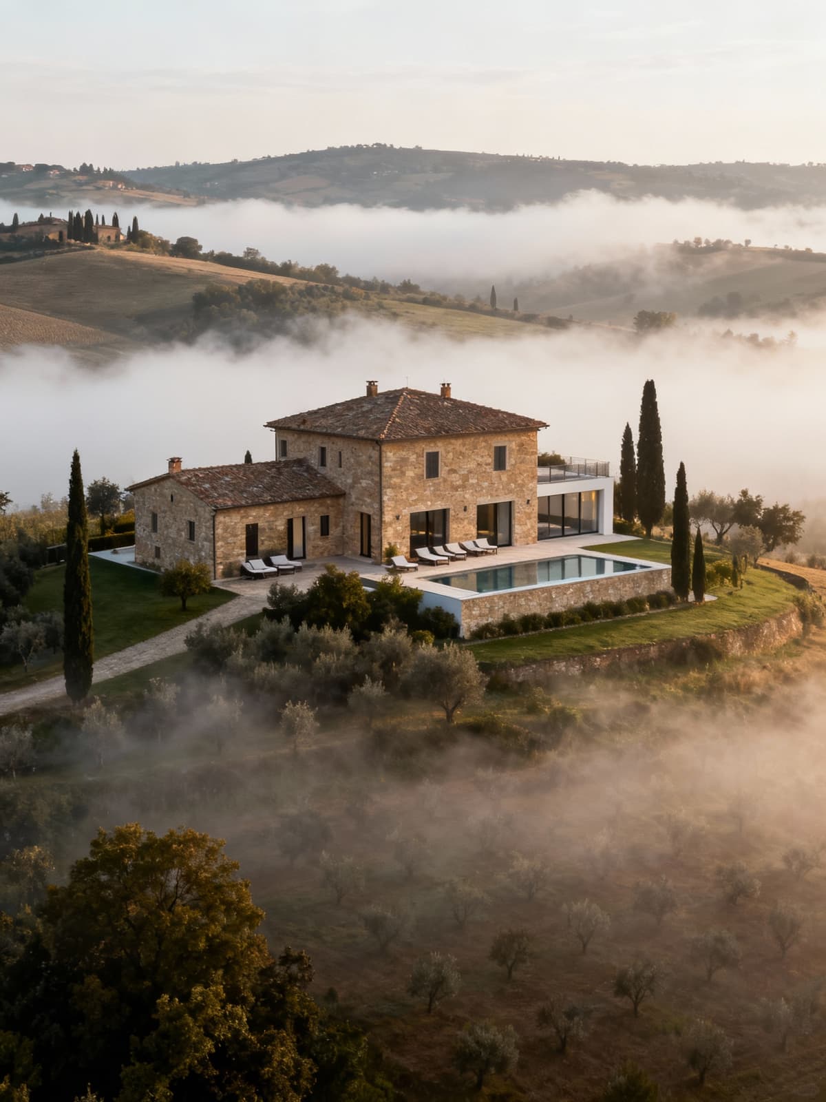 Elegant rustic villa in the serene Sienese countryside, showcasing local materials under a magical morning fog.