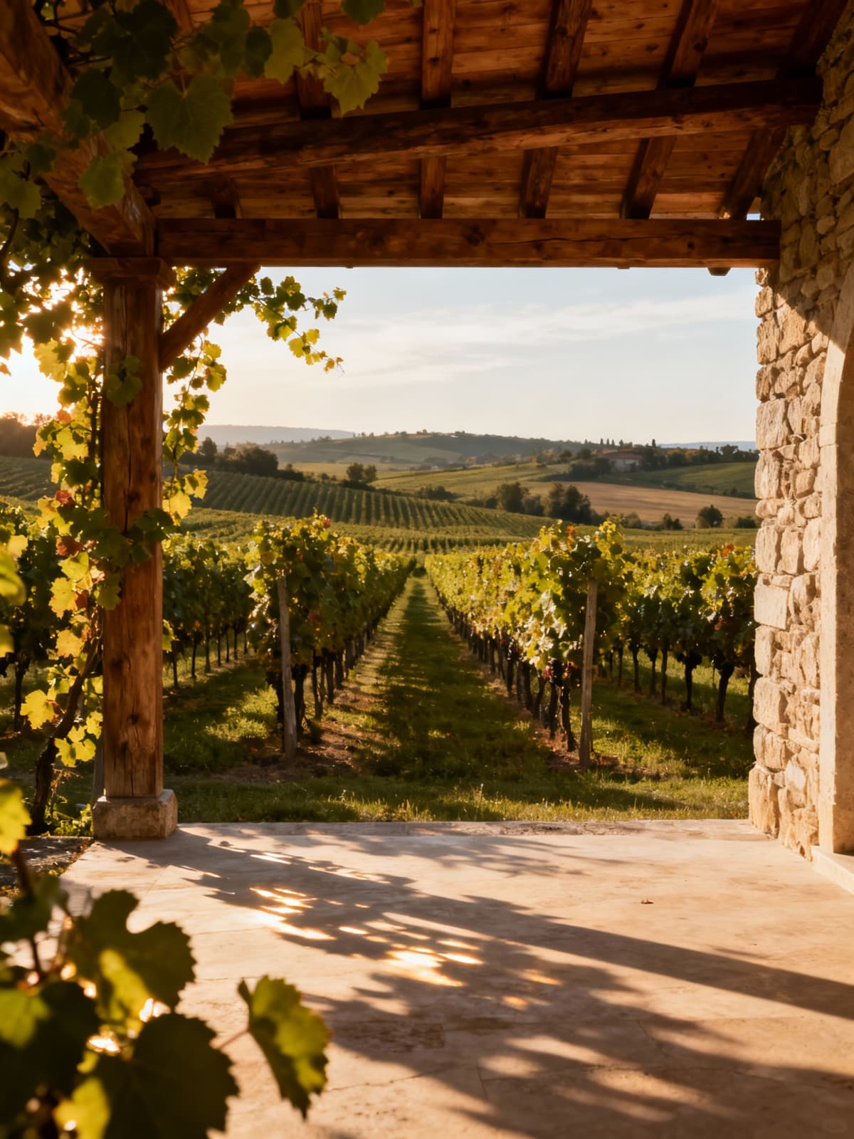 Prestigious farm in the serene Asti countryside, showcasing lush vineyards and traditional wood and stone structures.
