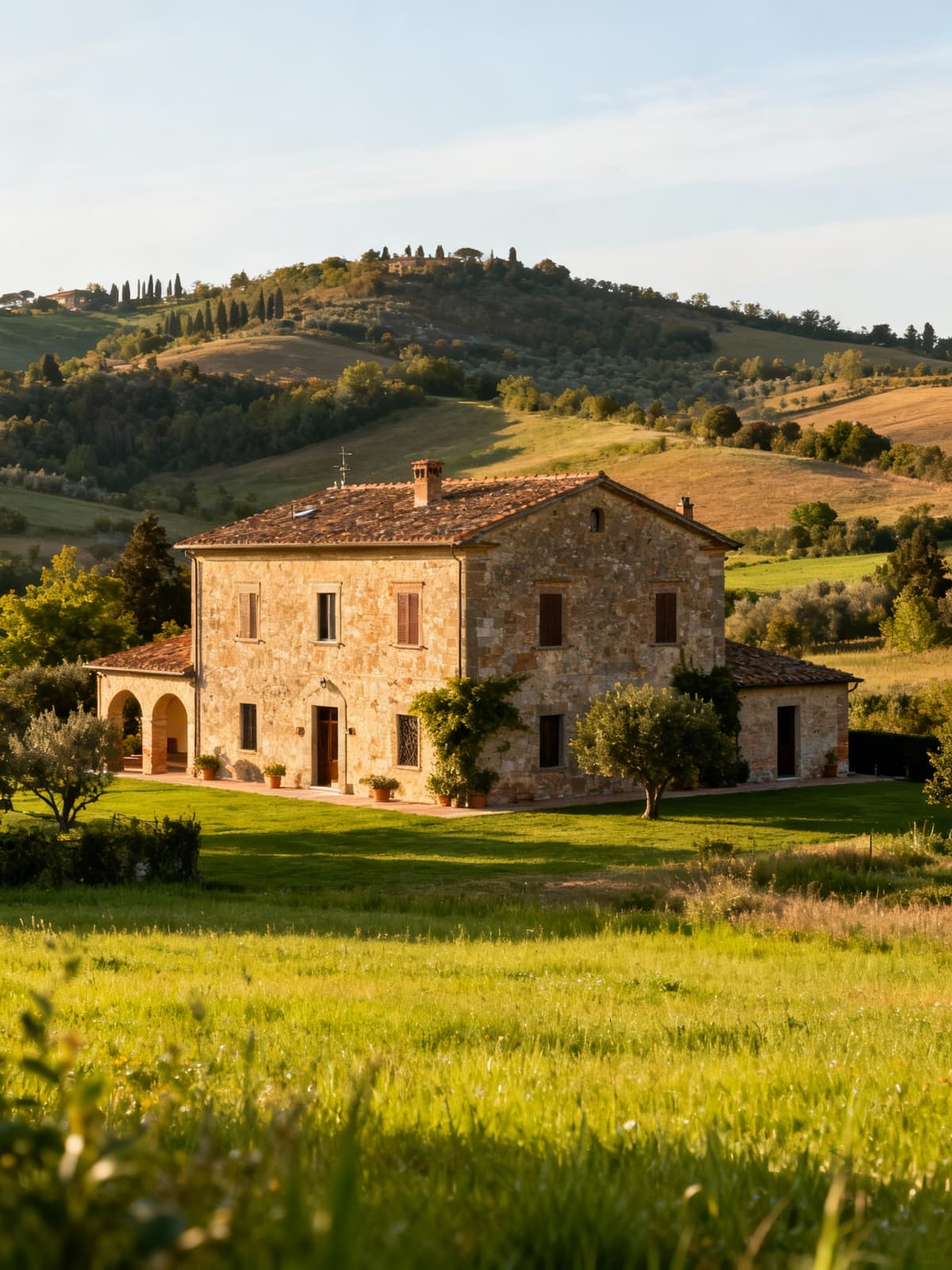 Rustici e casali autentici nella campagna pistoiese, immersi in spazi verdi e illuminati dalla luce mattutina.