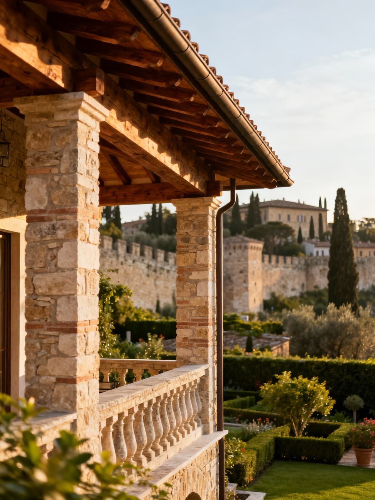 Prestigious villa in Perugia surrounded by lush gardens and ancient walls, showcasing timeless elegance in natural light.