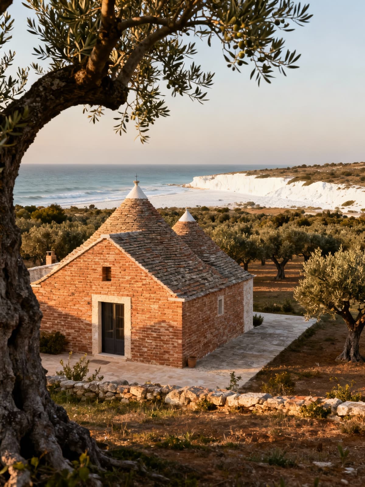 Aziende agricole di lusso immersa in uliveti secolari, con spiagge bianche sullo sfondo, sotto una luce calda pomeridiana.