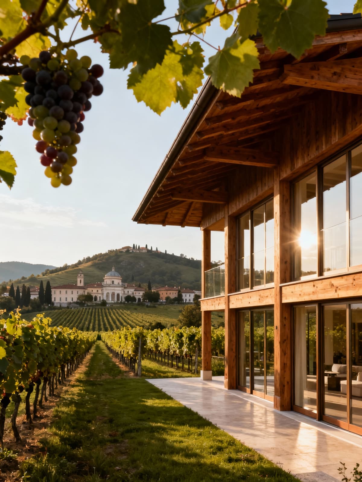Elegant independent villa nestled among Prosecco vineyards, showcasing wood and glass architecture with scenic views of hills.