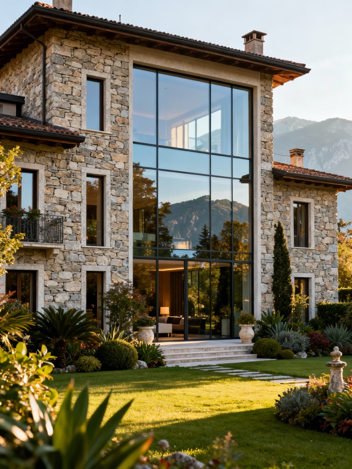 Ville di lusso affacciate sui laghi del Veneto, con giardini rigogliosi e architettura raffinata in un'atmosfera serena.