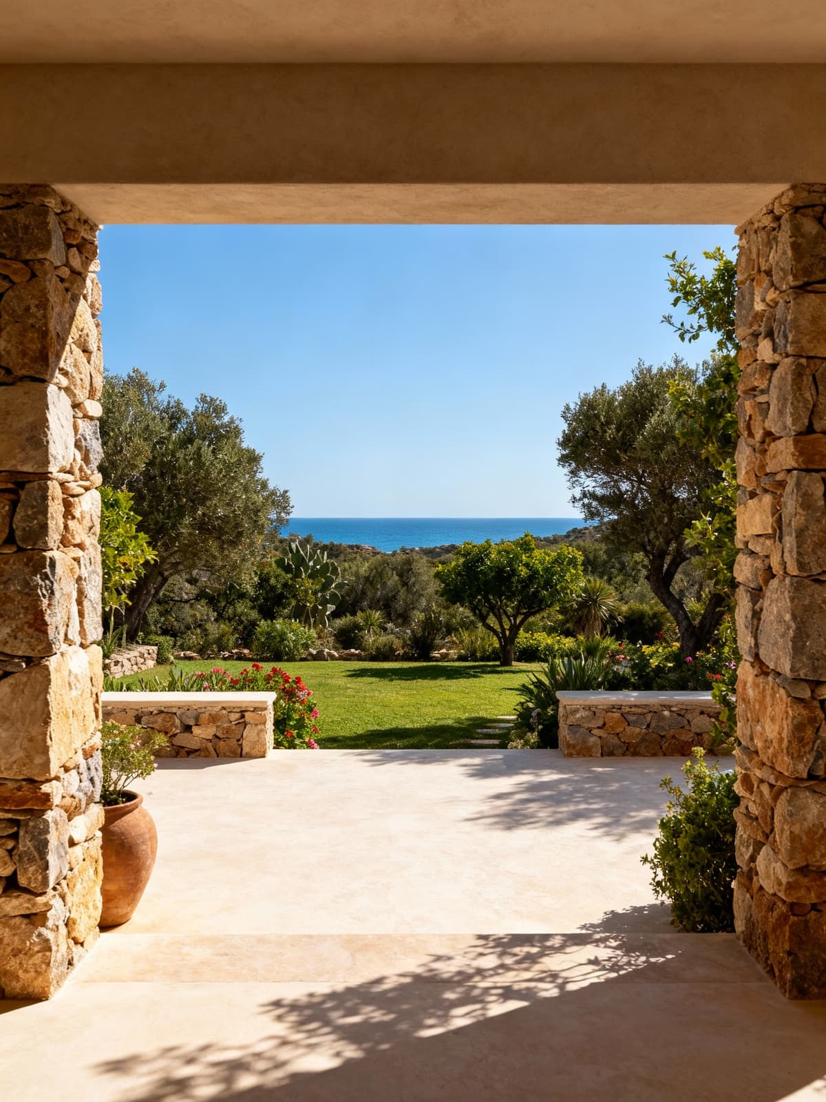 Agriturismo di lusso in Sardegna, circondato dalla natura, con muri in pietra e terrazze, vista mare e cielo blu.