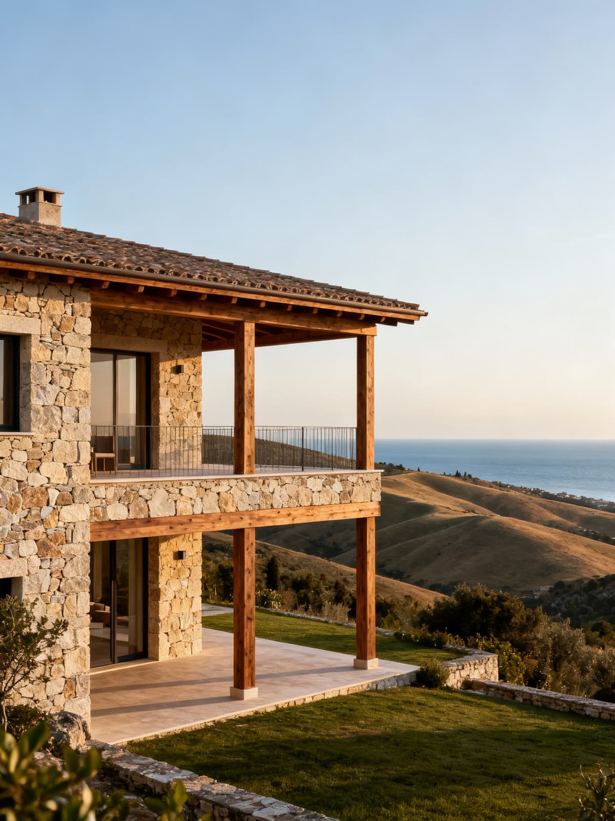 Villa di lusso in pietra e legno tra colline umbre e coste adriatiche, con verande panoramiche e luce naturale.
