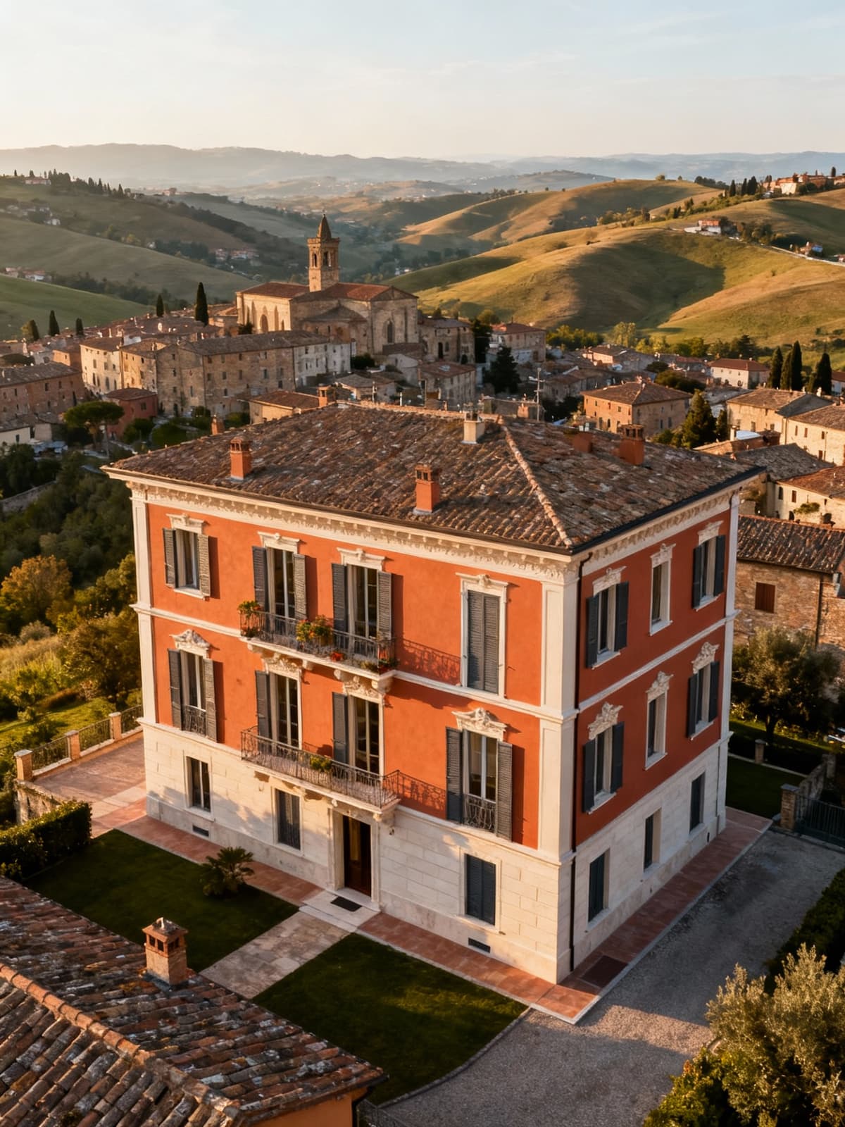 Elegante appartamento tra colline marchigiane, vista panoramica su borgo storico, illuminato dalla luce del mattino.