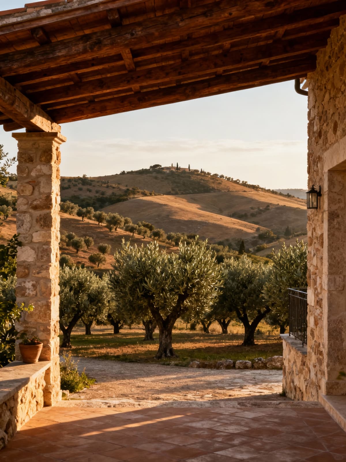 Ville e casali di charme immersi nei colli lucani, circondati da uliveti, con dettagli artigianali e luce dorata.