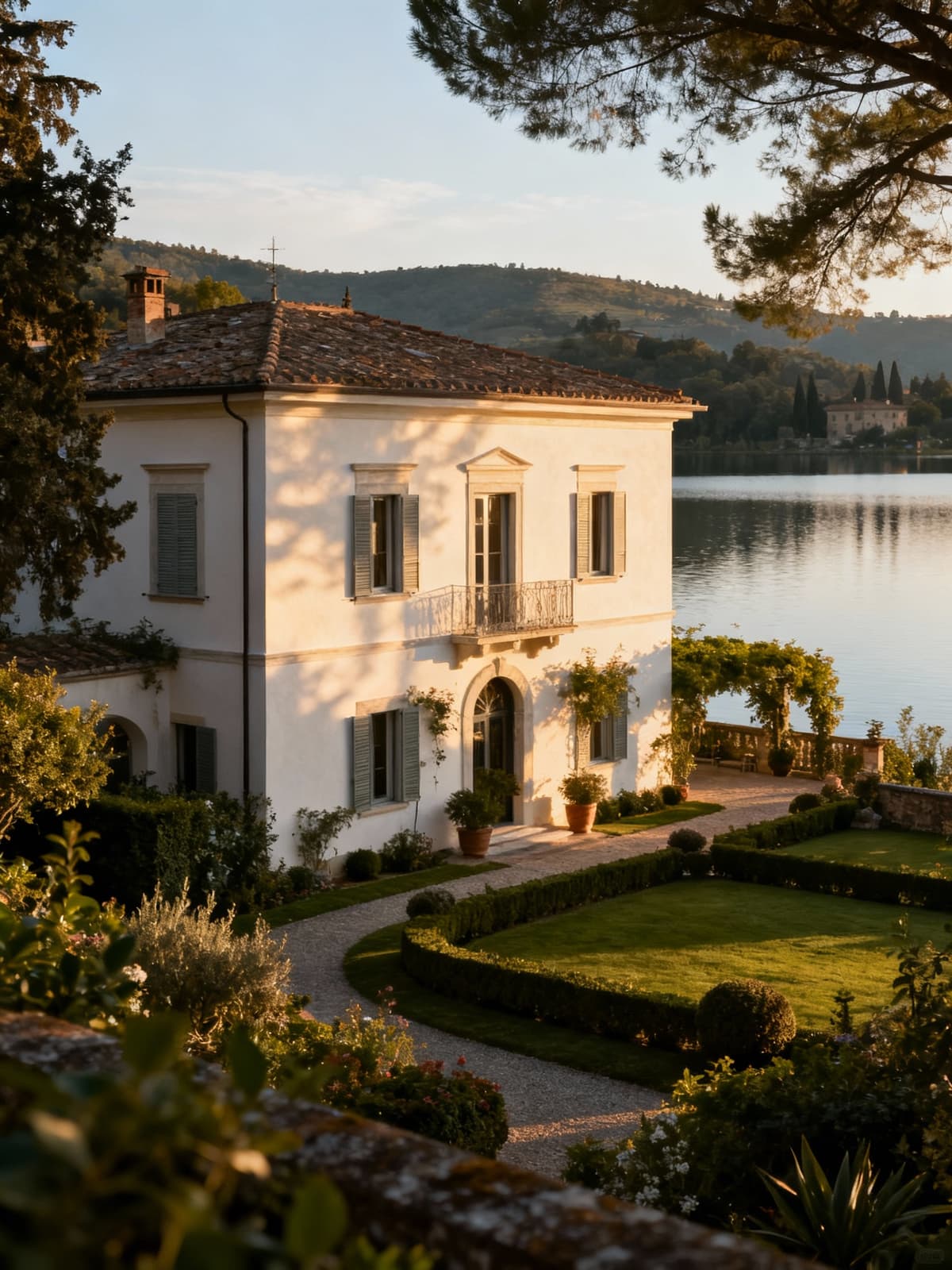 Residenze esclusive in Toscana, circondate da laghi tranquilli e giardini curati, illuminate dalla luce del tardo pomeriggio.