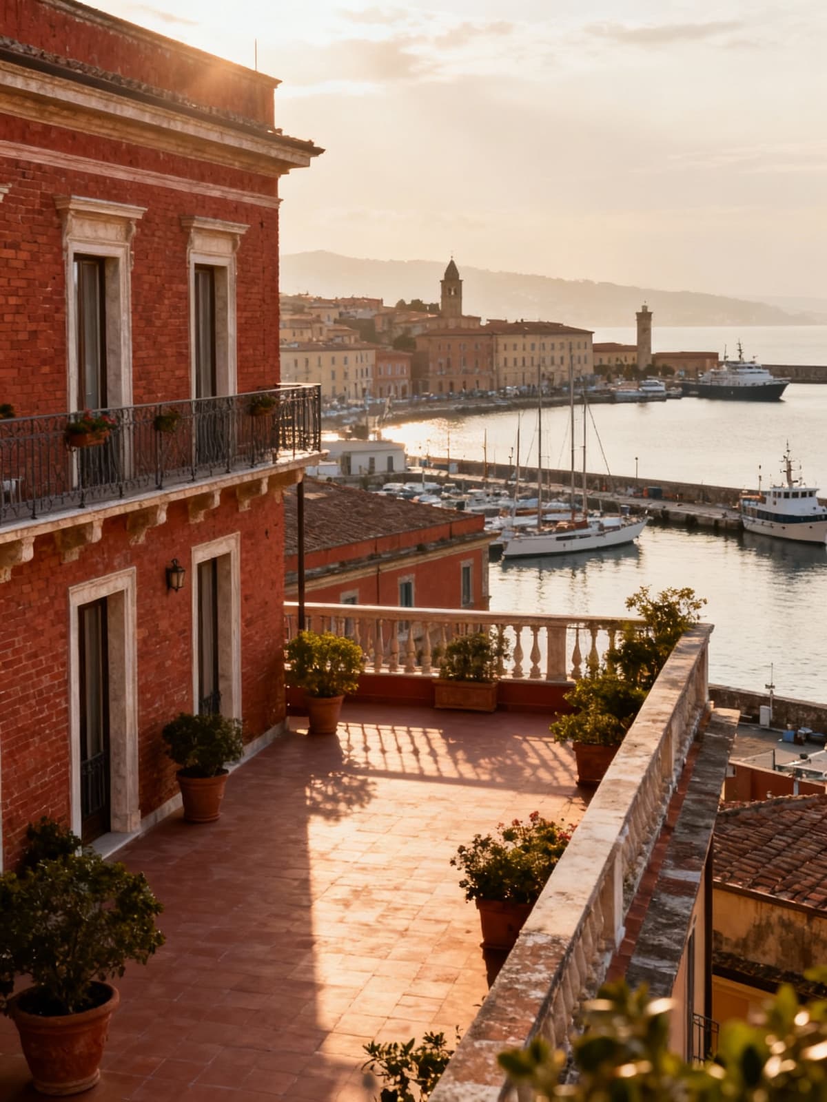 Esclusive residenze storiche a Livorno con facciate in mattoni rossi e terrazze panoramiche sul porto, illuminate da luce calda.