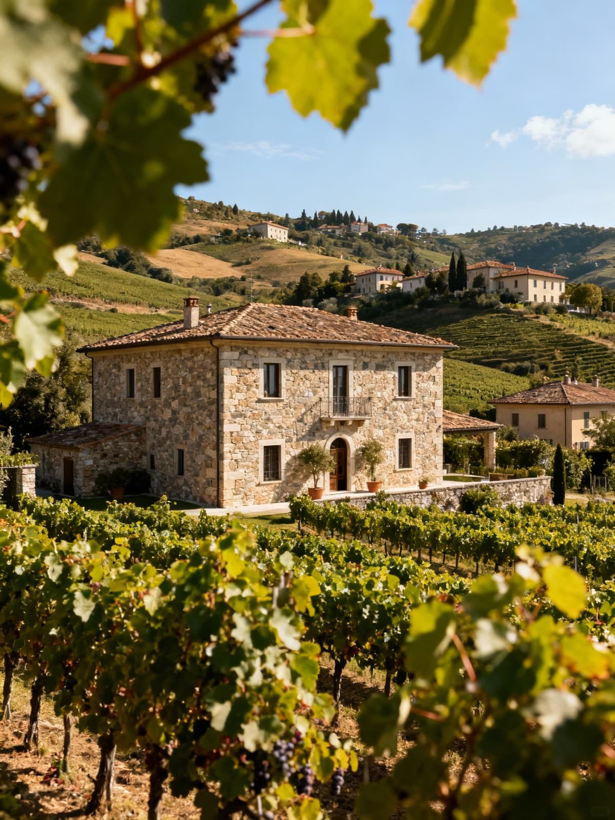 Charming historic villas and rustic farmhouses nestled among the lush hills of Genoa's countryside on a sunny day.