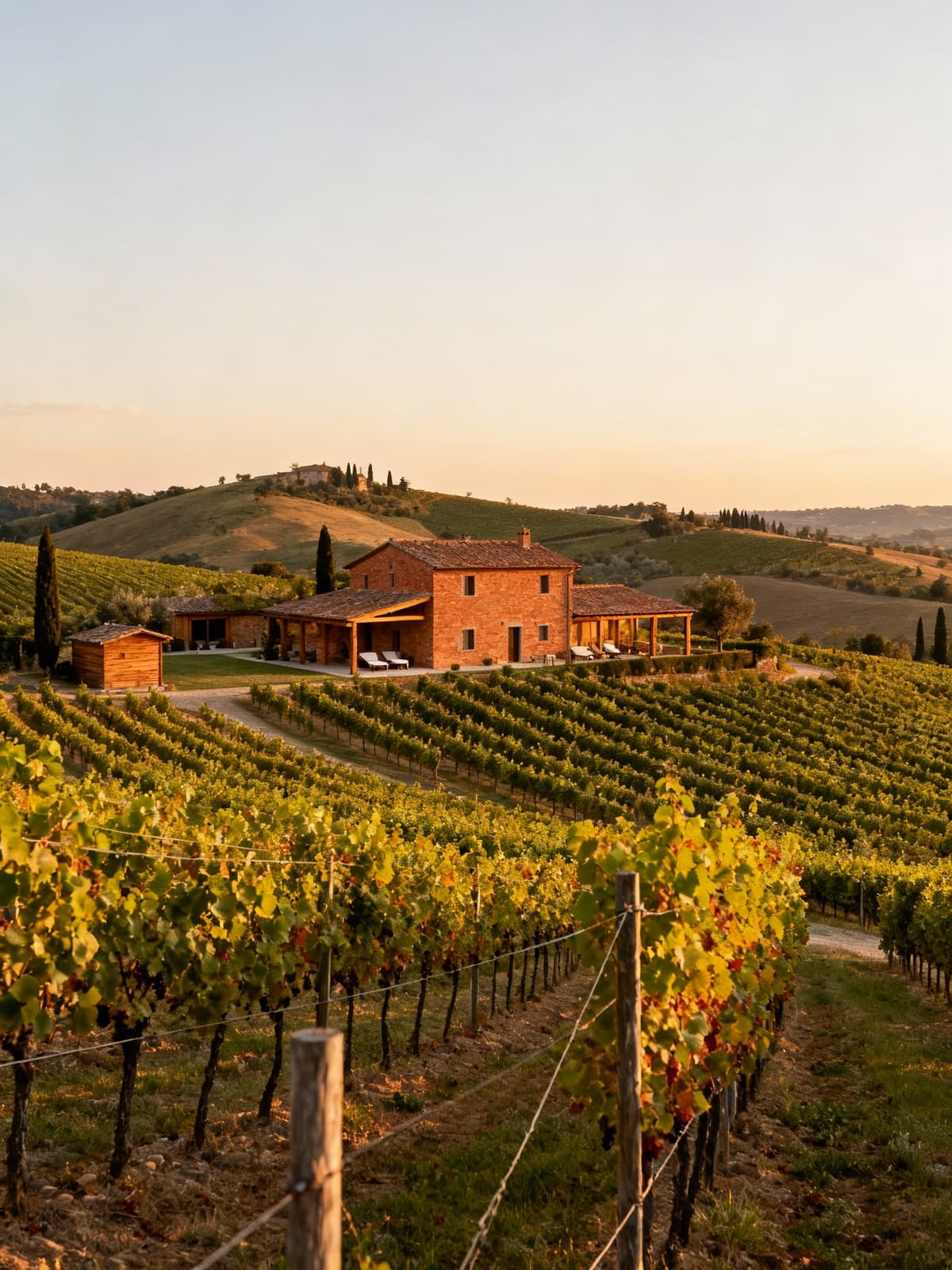 Charming farmhouses nestled in authentic Tuscan countryside, surrounded by rolling hills and vineyards under warm afternoon light.