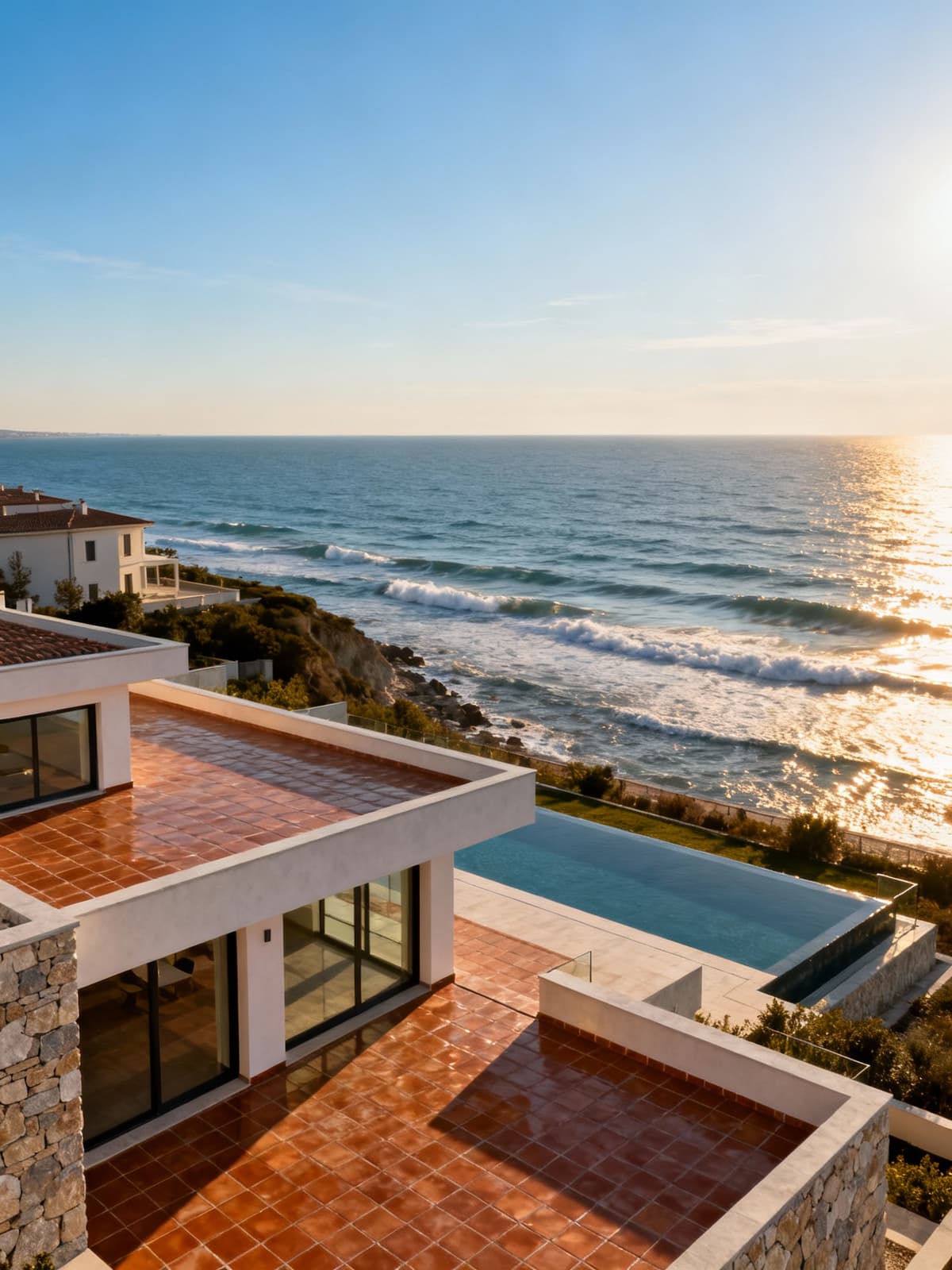 Ville di lusso con vista sull'Adriatico a Pescara, eleganti terrazze in cotto e dettagli architettonici moderni.