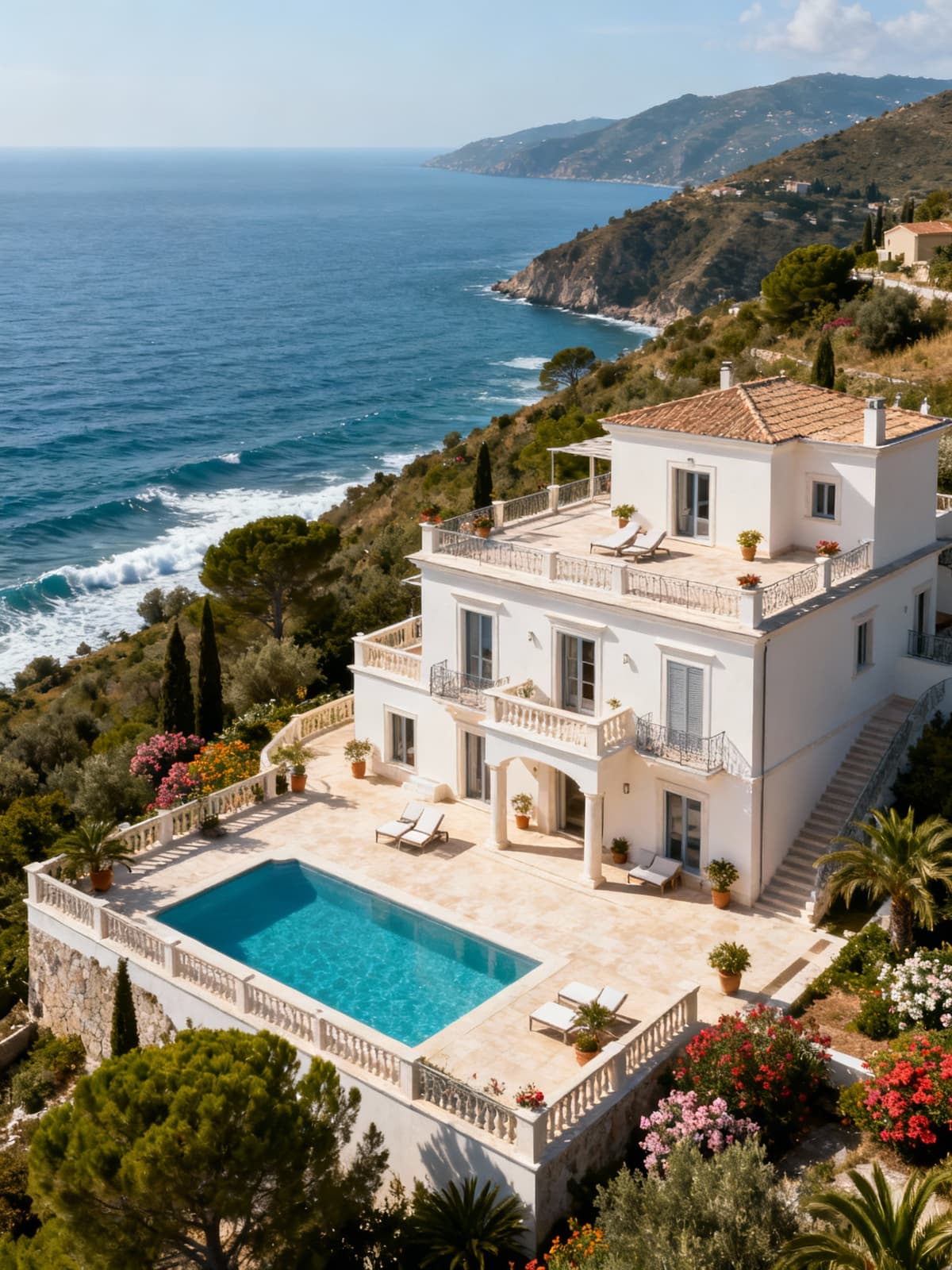 Luxury villas between the sea and hills of Catanzaro, featuring light stucco facades and scenic terraces.