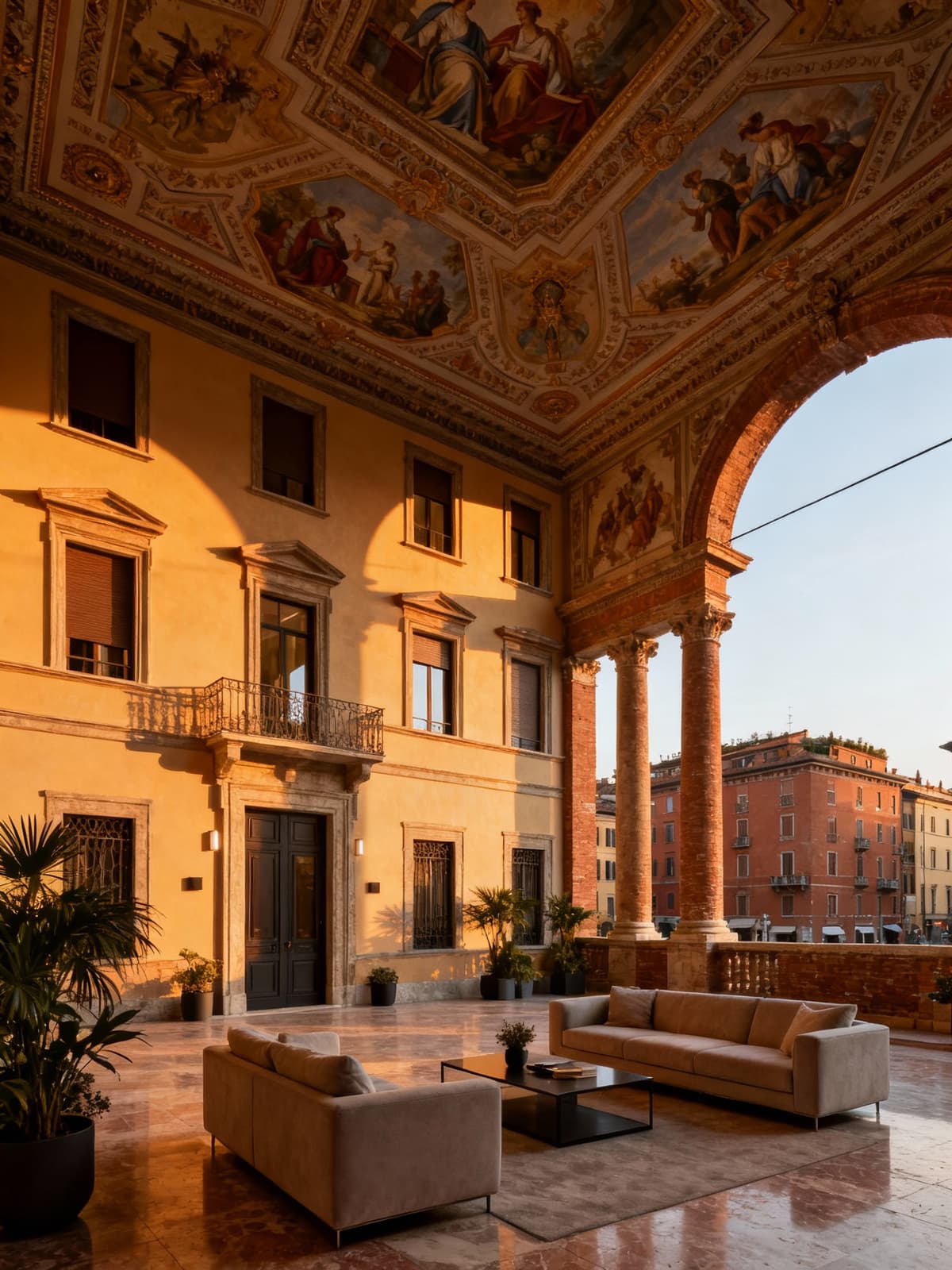 Appartamenti eleganti a Bologna, con luce calda del tardo pomeriggio che mette in risalto storia e modernità architettonica.