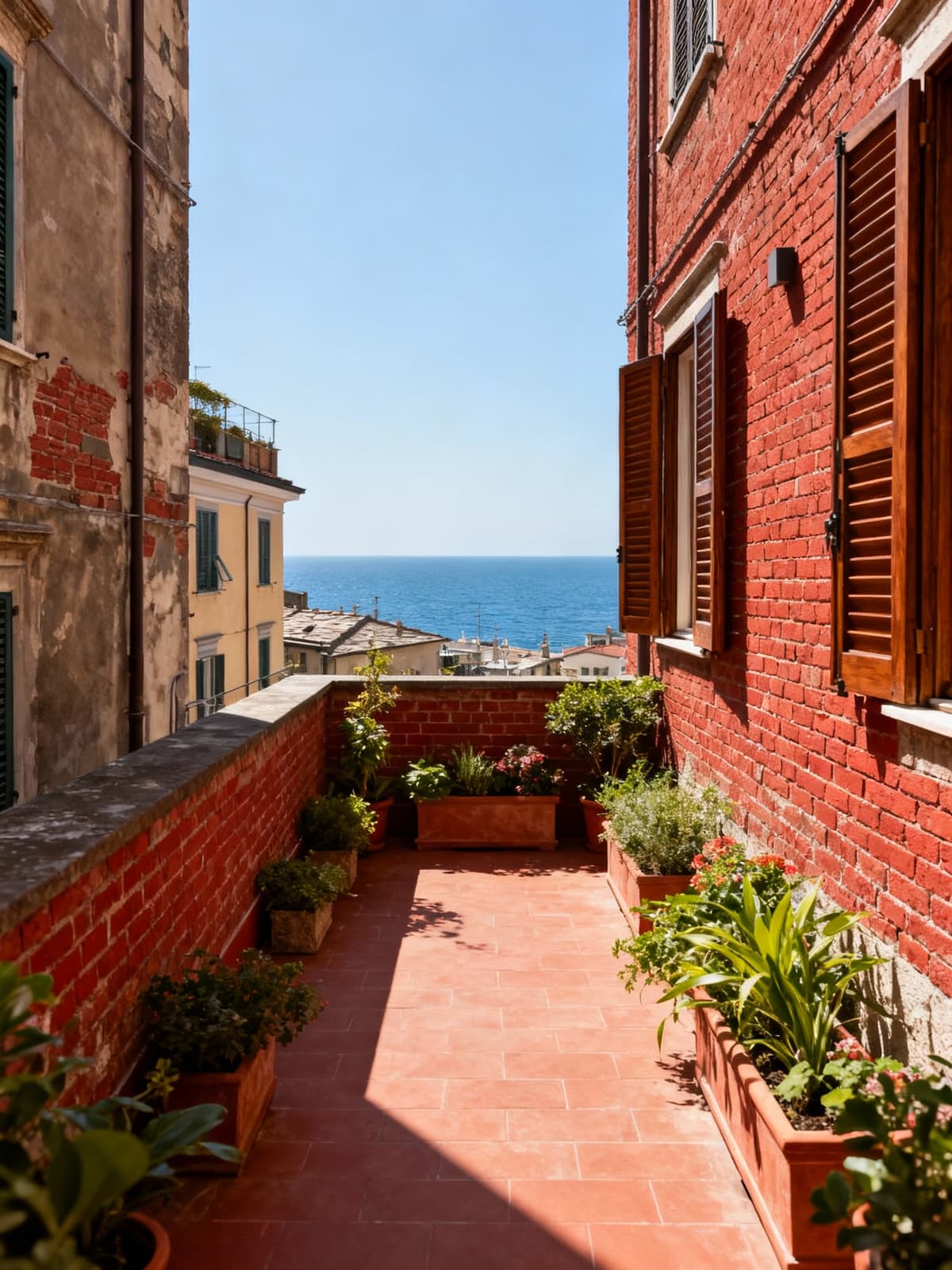 Exclusive terraced house in the heart of Genoa, showcasing historic alleys and shimmering sea views, with red brick walls and wooden windows.