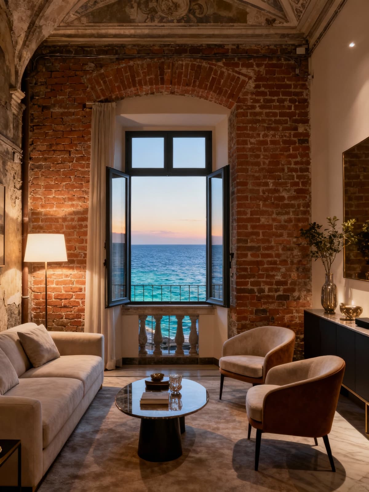 Elegant apartments in Genoa's historic caruggi, showcasing exposed brick walls and refined furnishings with a serene sea view.