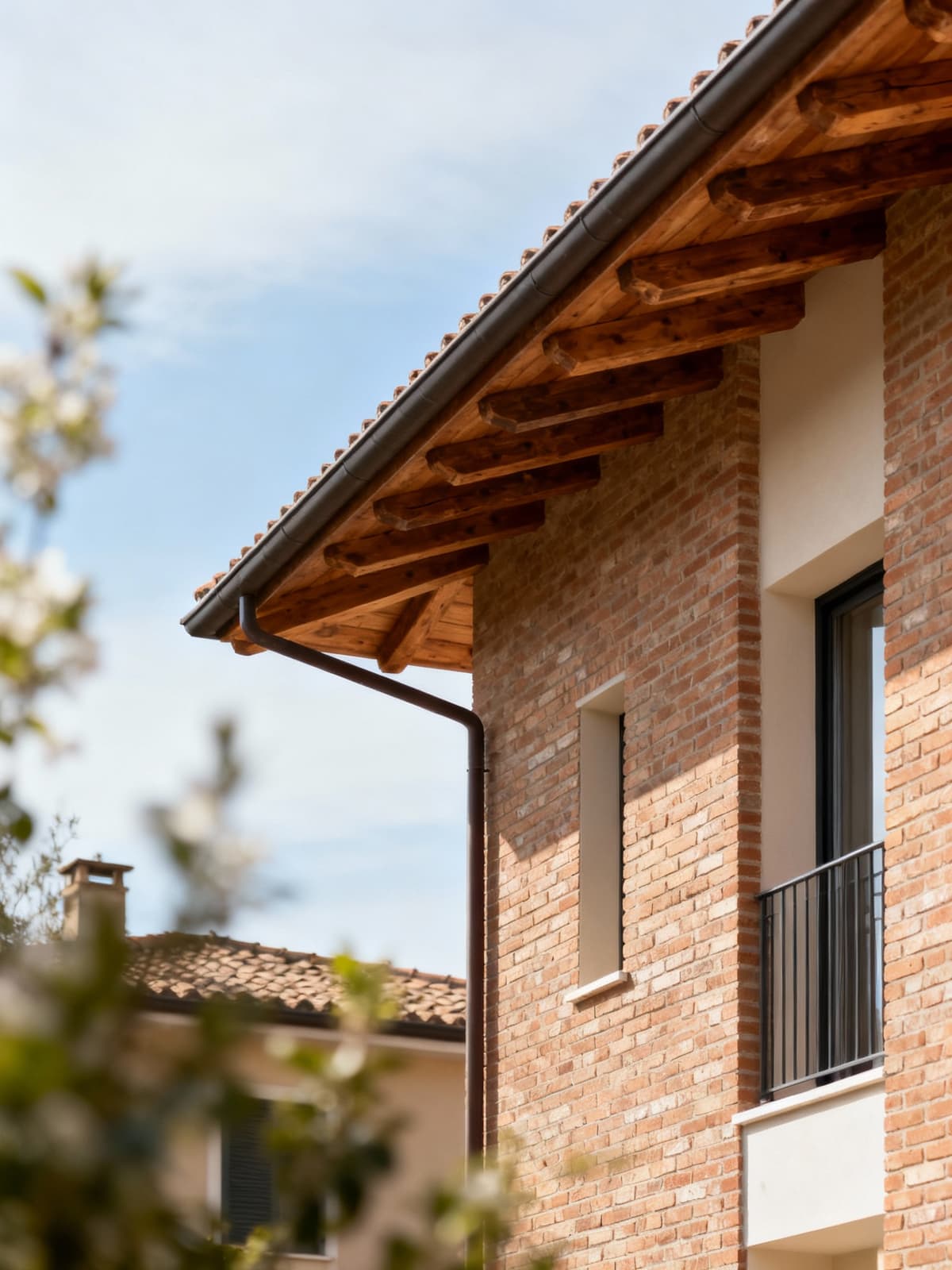 Villette a schiera nel Lazio, unione di modernità e tradizione con dettagli architettonici in un cielo primaverile sereno.