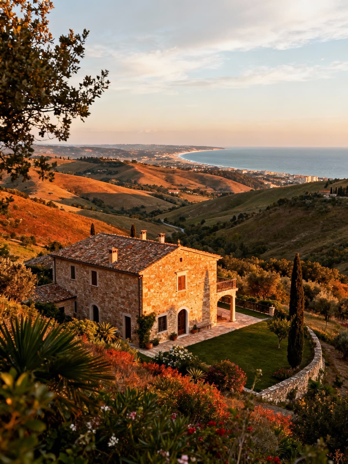 Casale di charme tra colline marchigiane e costa di Ancona, con luce pomeridiana che esalta pietra e vegetazione.