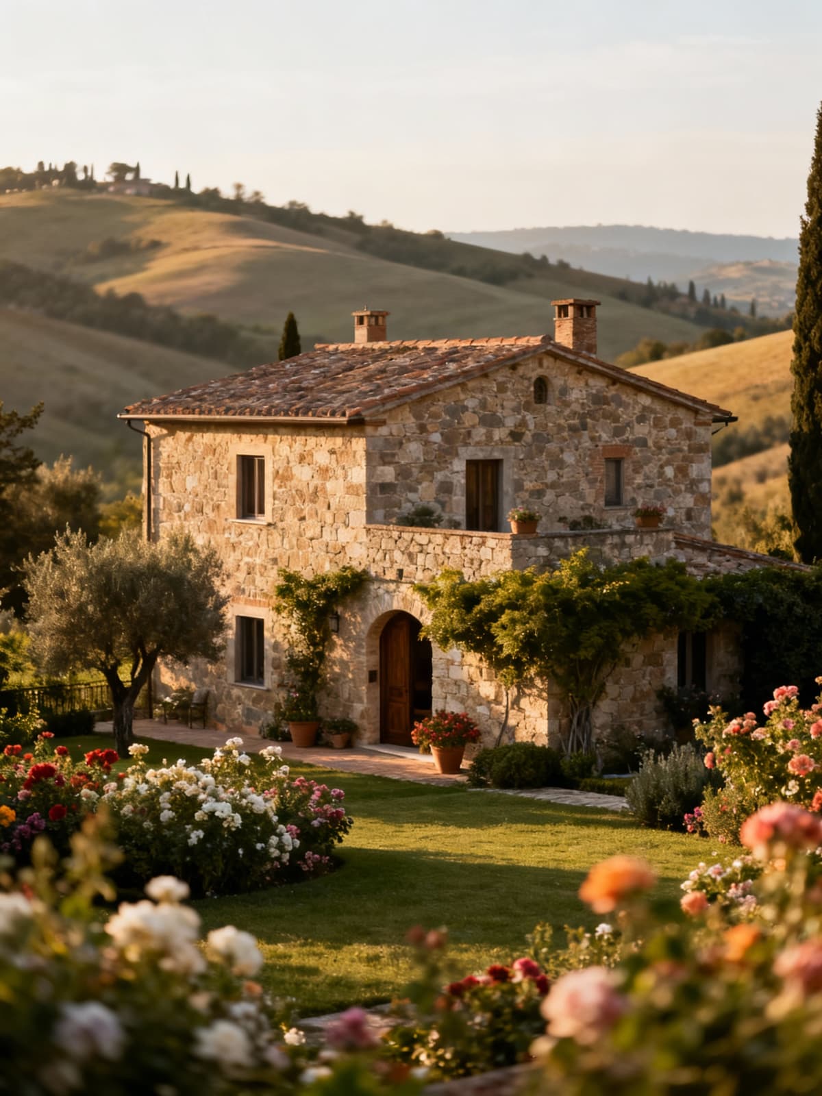 Rustico affascinante immerso nelle colline marchigiane vicino a Macerata, circondato da un giardino fiorito e luce del mattino.