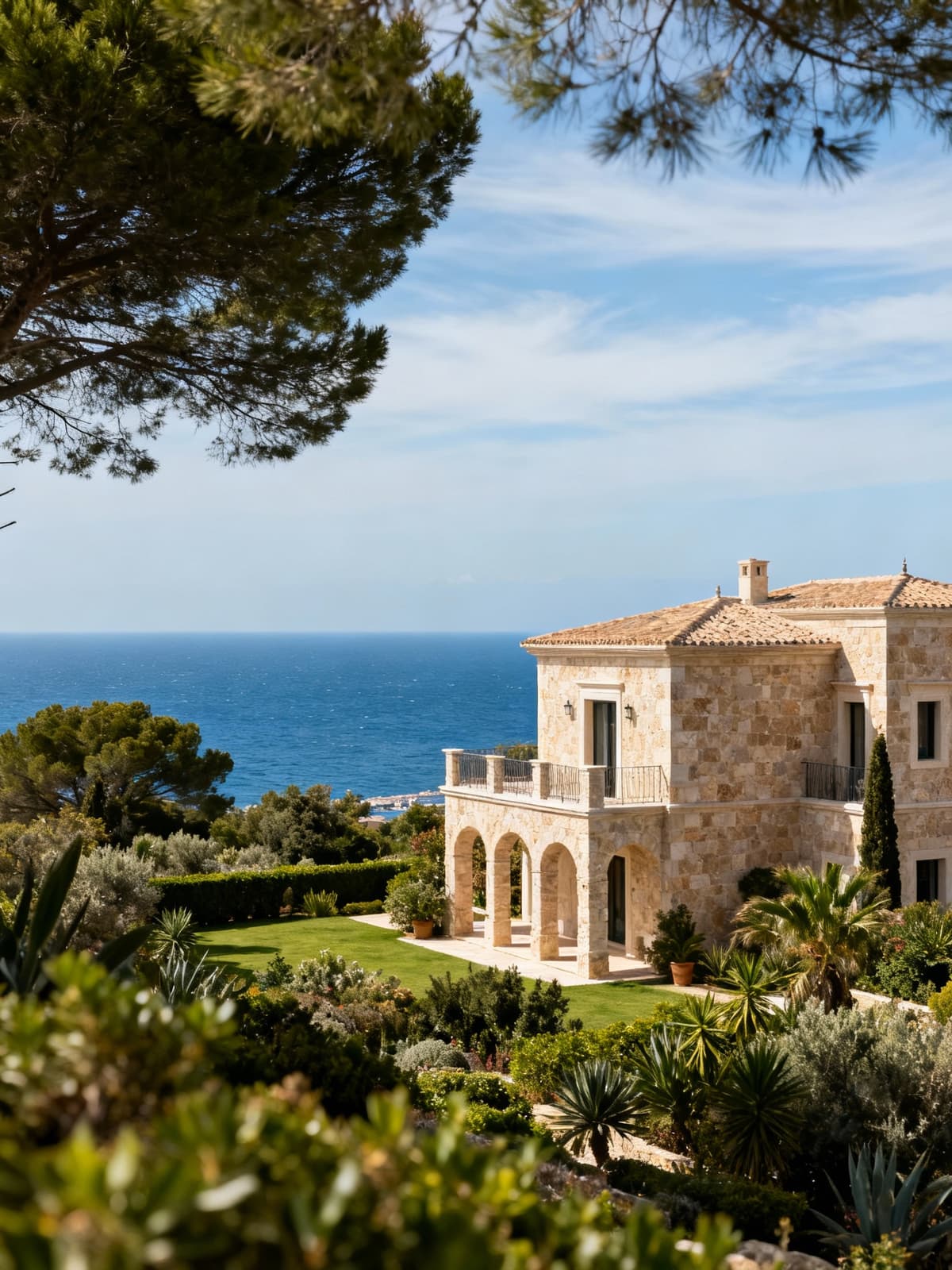 Ville di lusso con vista sulla Baia di Cagliari, immerse in una vegetazione mediterranea e circostanti giardini verdi.