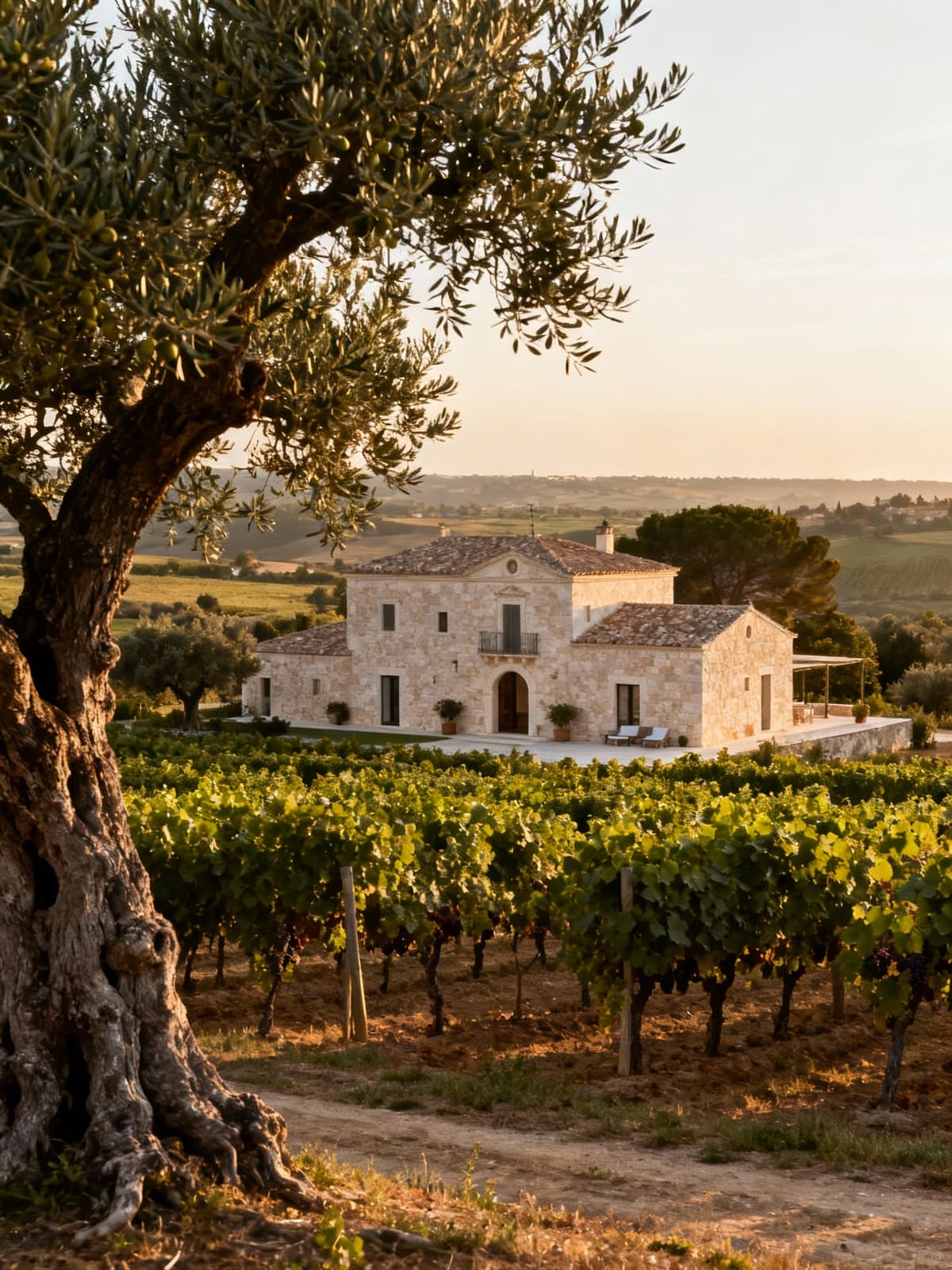 Prestigious farms nestled among ancient olive trees and lush vineyards in Brindisi, showcasing a serene Apulian landscape.