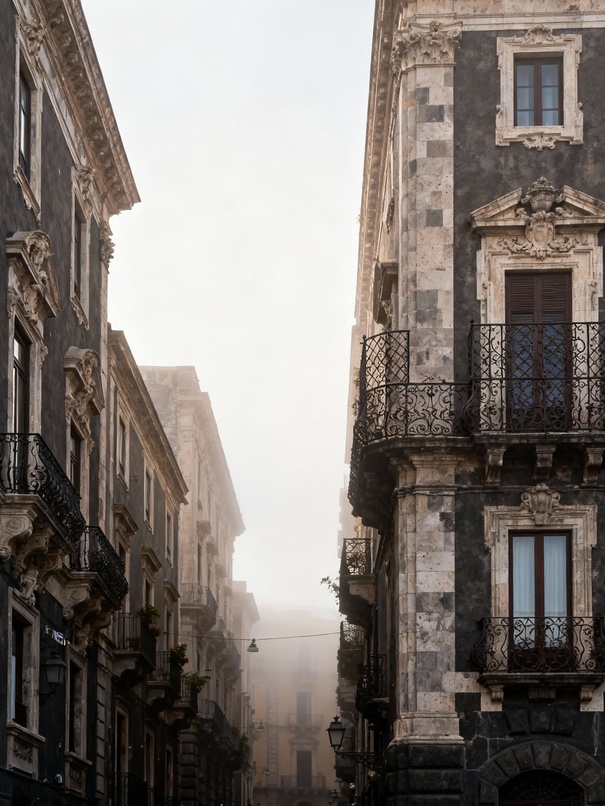 Historical buildings and elegant residences in Catania's vibrant heart, featuring volcanic stone facades and wrought iron details.