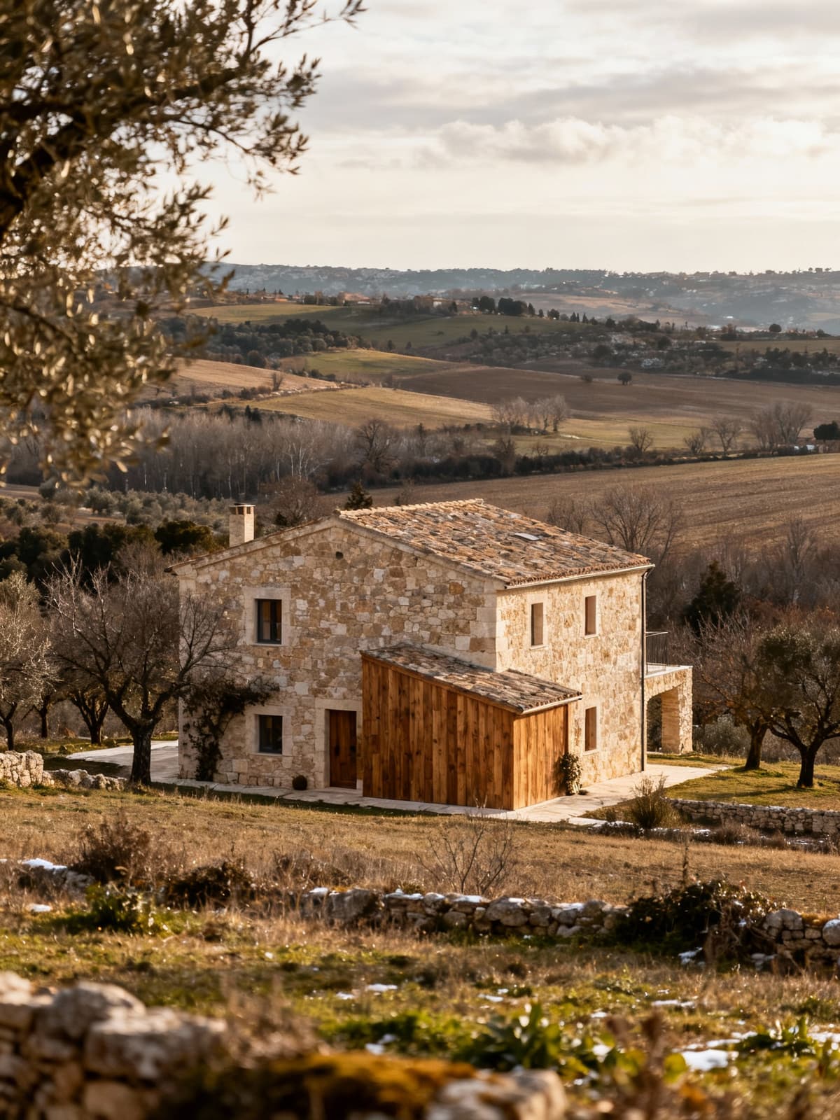 Charming rustic homes nestled in Ragusa's countryside, enveloped in soft winter light, creating a serene escape.