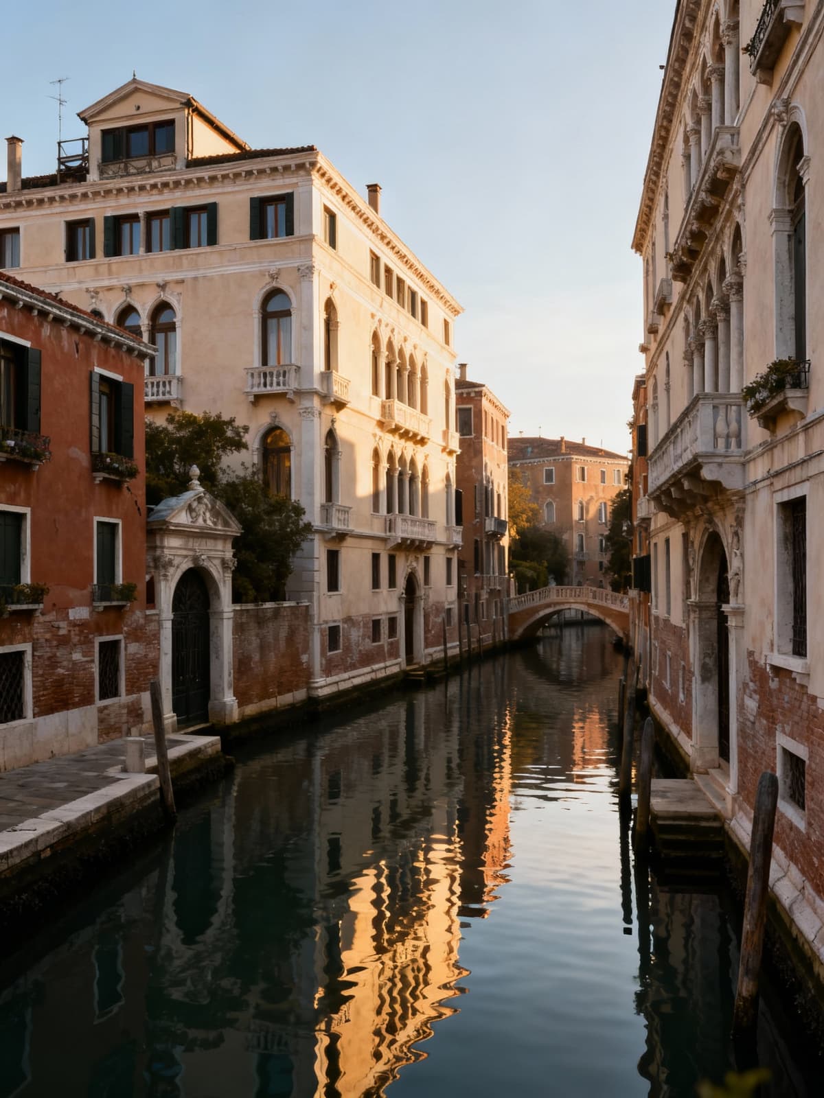 Case indipendenti di lusso si riflettono nei canali di Venezia, incorniciate da un'atmosfera storica e luminosa.
