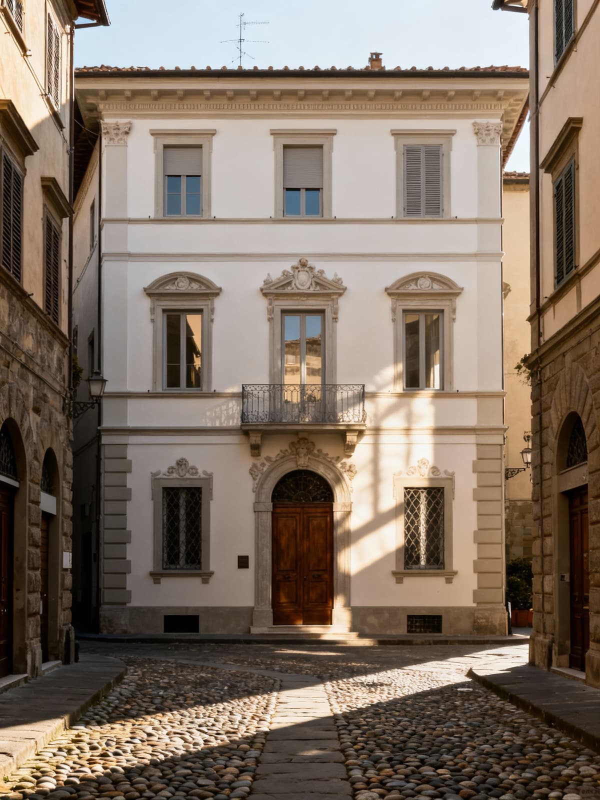 Elegante appartamento nel centro storico di Prato, circondato da strade acciottolate e tessuti raffinati, luce mattutina crea atmosfere suggestive.