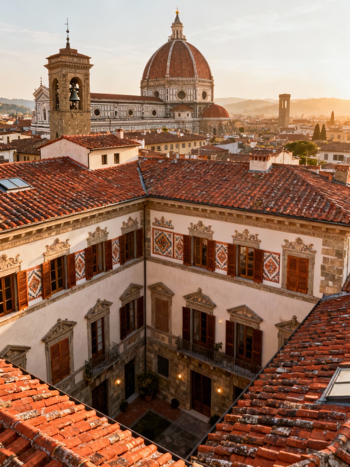 Stunning rooftops of prestigious townhouses in Florence's historic center, showcasing rich architectural details in morning light.