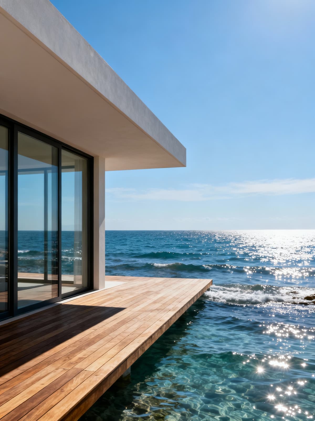 Luxury villa between the salt flats and stunning coastline of Trapani, featuring elegant design, wood terraces, and sea views.