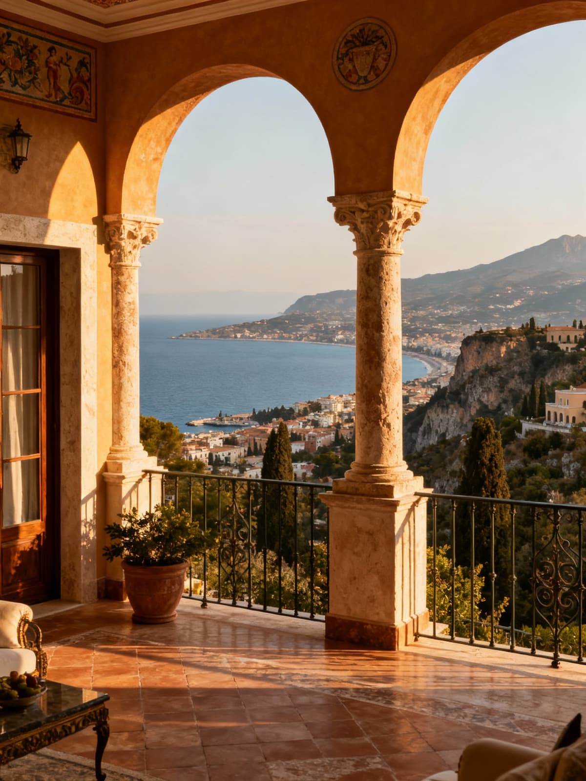 Ville esclusive con vista panoramica sulla baia di Taormina, atmosfera calda e interni raffinati in un contesto naturale.