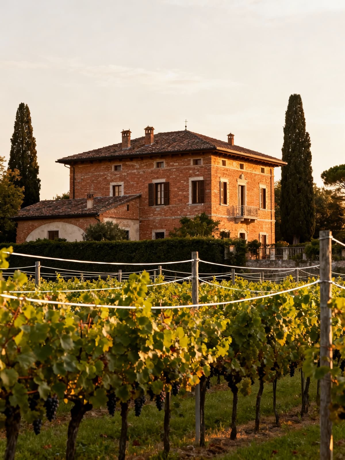 Villa storica in legno e mattoni circondata da vigneti nel suggestivo panorama romantico di Verona al tramonto.