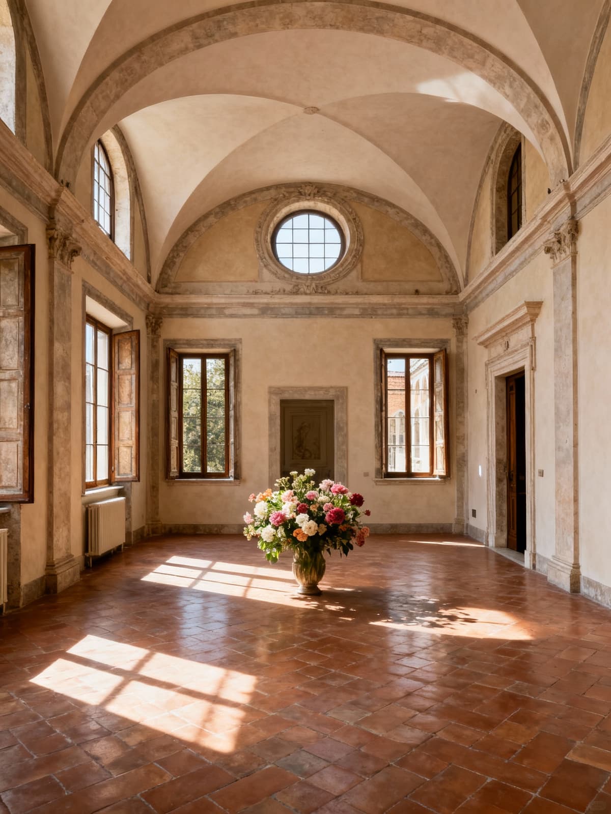 Appartamento di lusso a Padova con soffitti a volta, pavimenti in cotto e luce che gioca con ombre architettoniche.