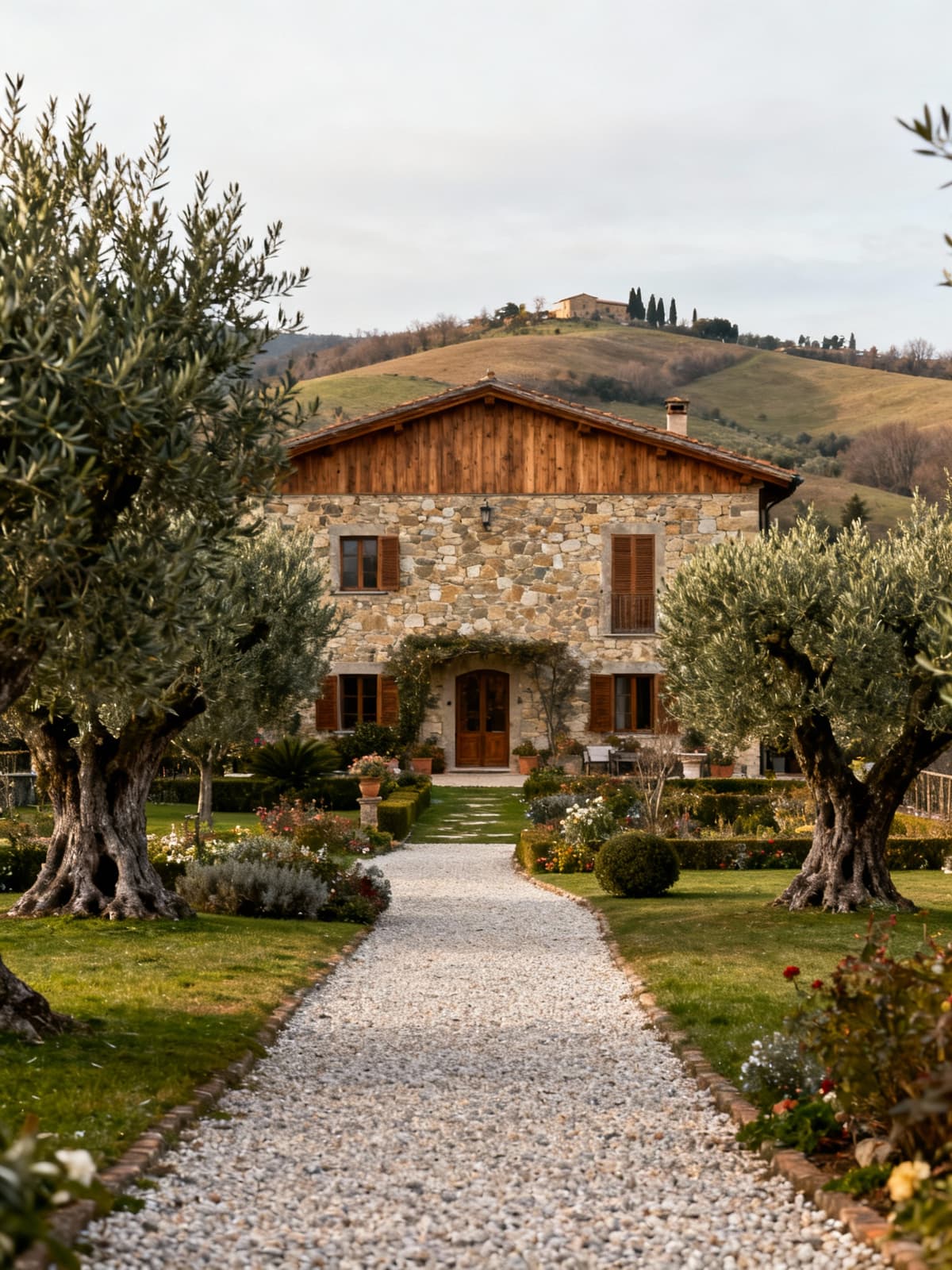 Agriturismo elegante tra colline aretine, con facciata in pietra e legno, circondato da uliveti e illuminato dalla luce invernale.