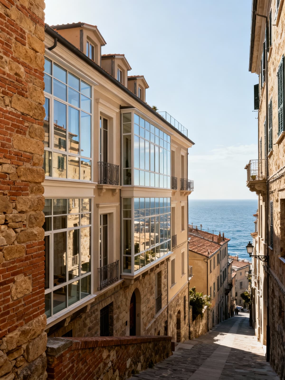 Luxurious apartments in Ligurian cities, showcasing historic alleys and sea views, featuring charming brick and glass details.