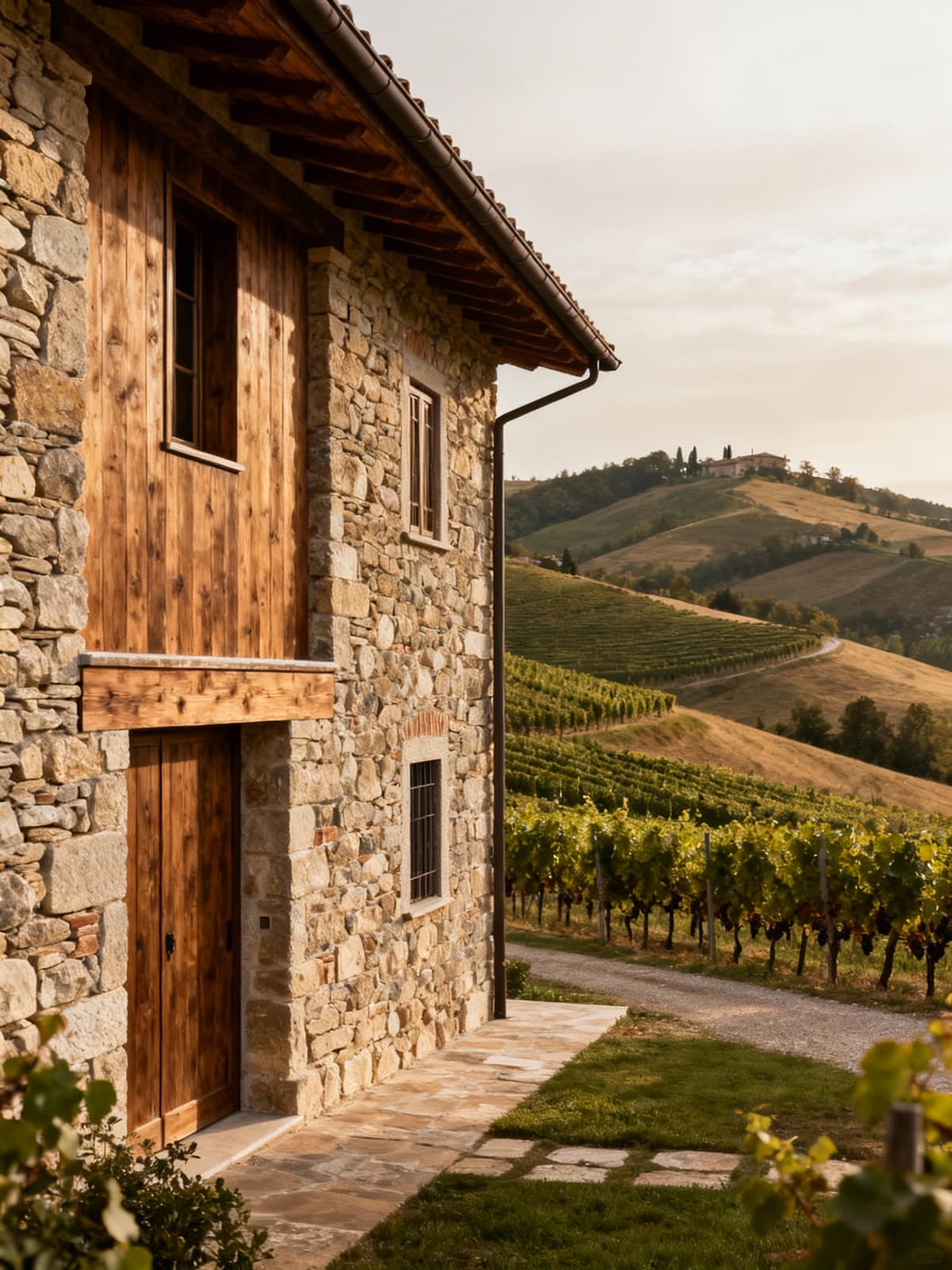 Casali rustici tra i vigneti piemontesi, dettagli in pietra e legno, circondati da colline pittoresche.