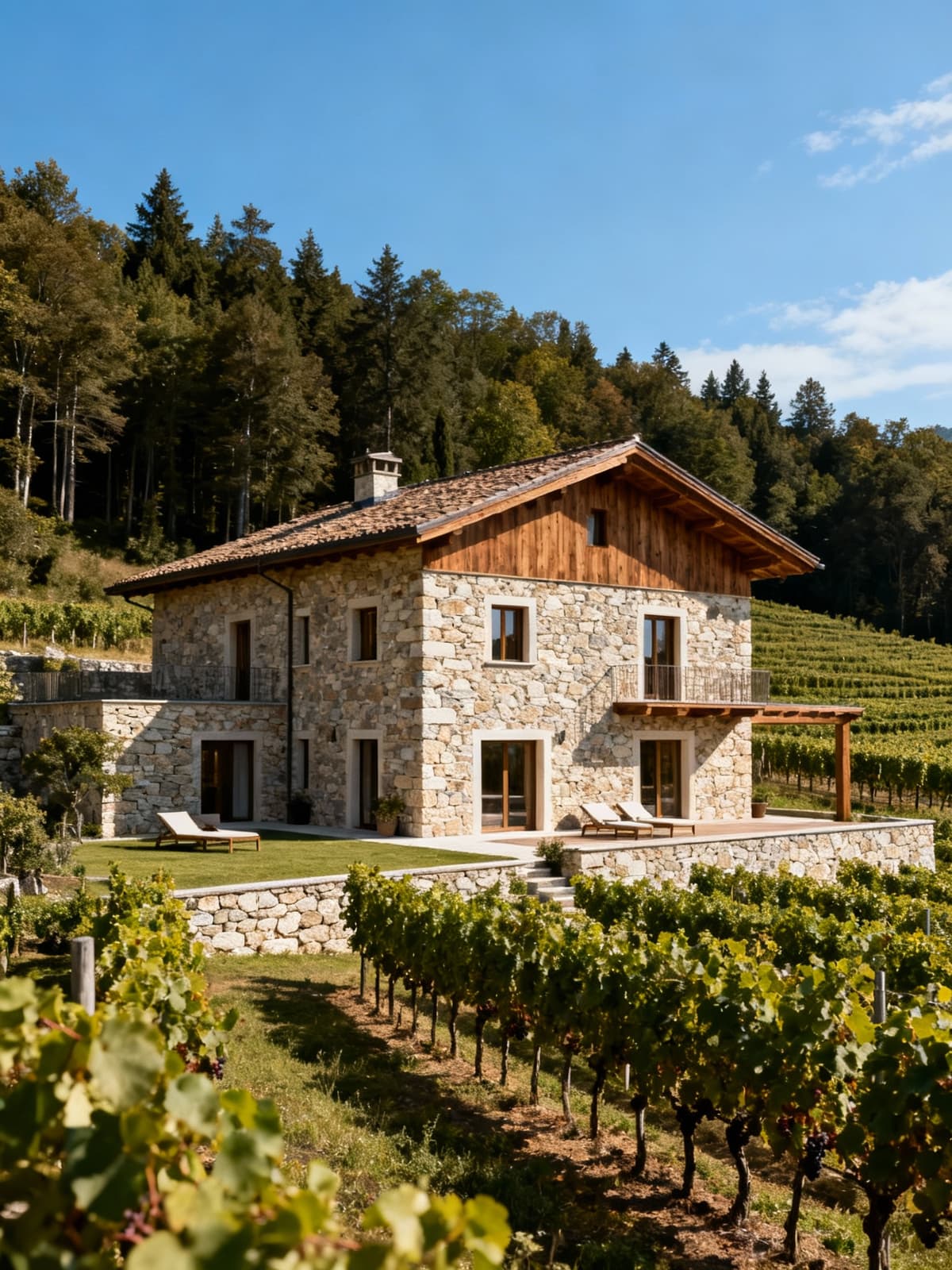 Exclusive apartments in historic Puglia with elegant stone and wood architecture, surrounded by vineyards under a clear blue sky.
