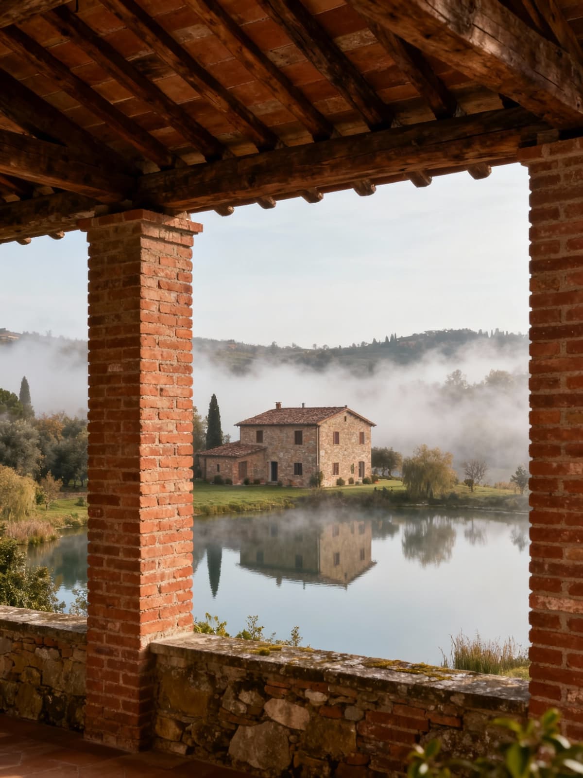 Rustic villas and historic residences amidst the enchanting lakes of Tuscany, featuring natural photography and a misty atmosphere.