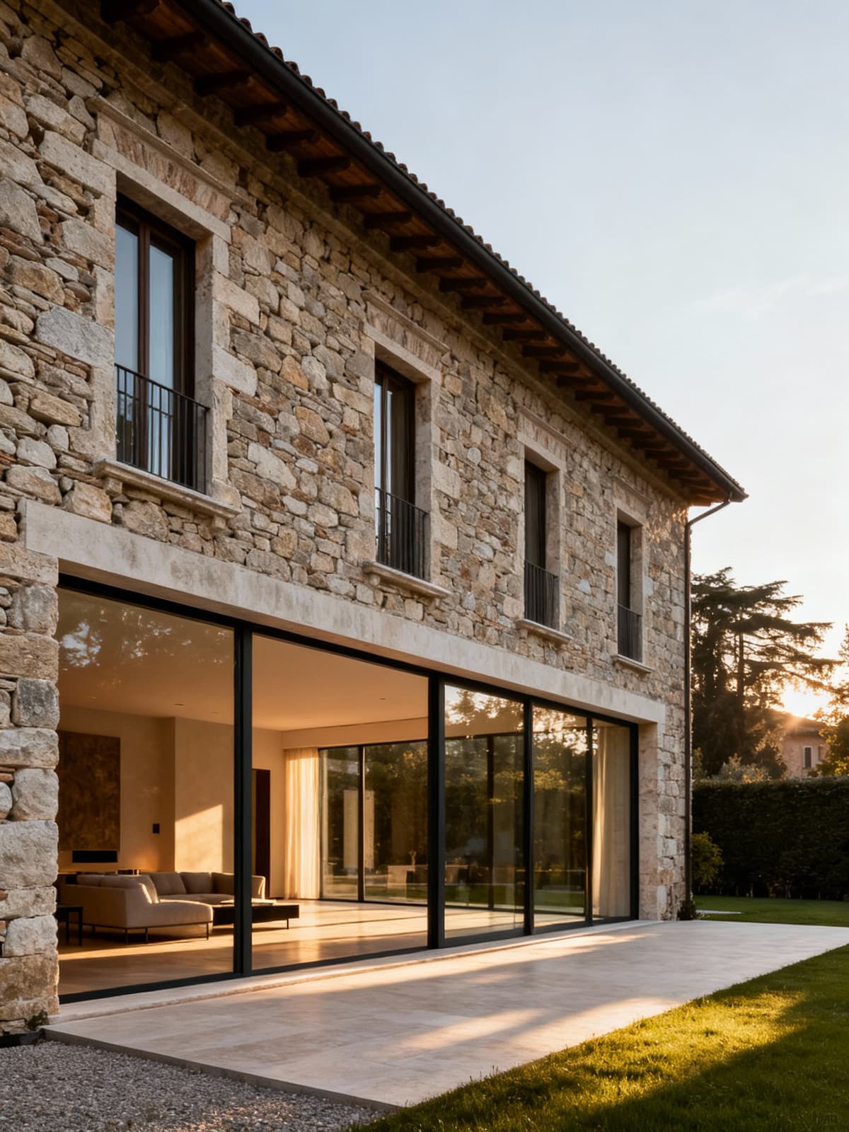 Luxury villa in Veneto blending historical and modern elements with stone facade and large windows, bathed in warm afternoon light.
