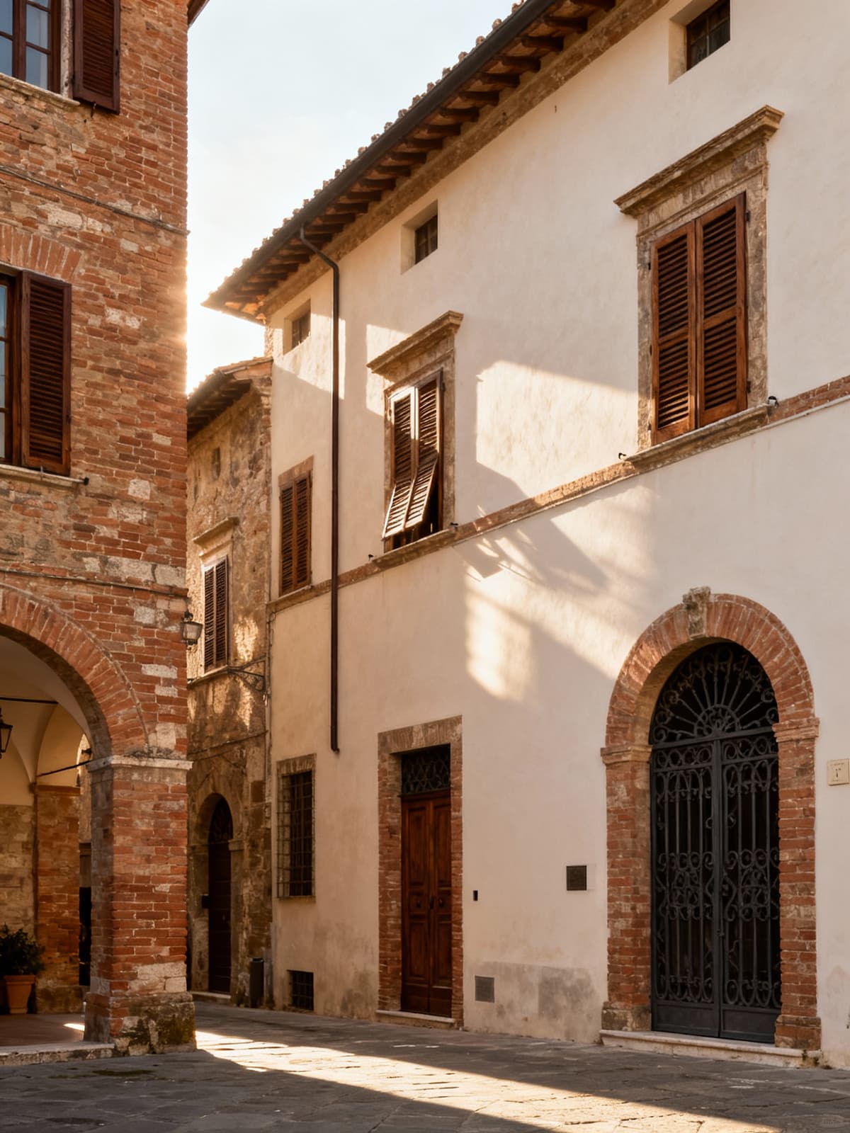 Tuscan aristocratic palaces with breathtaking sea views, showcasing historic squares, brick buildings, and morning light accents.