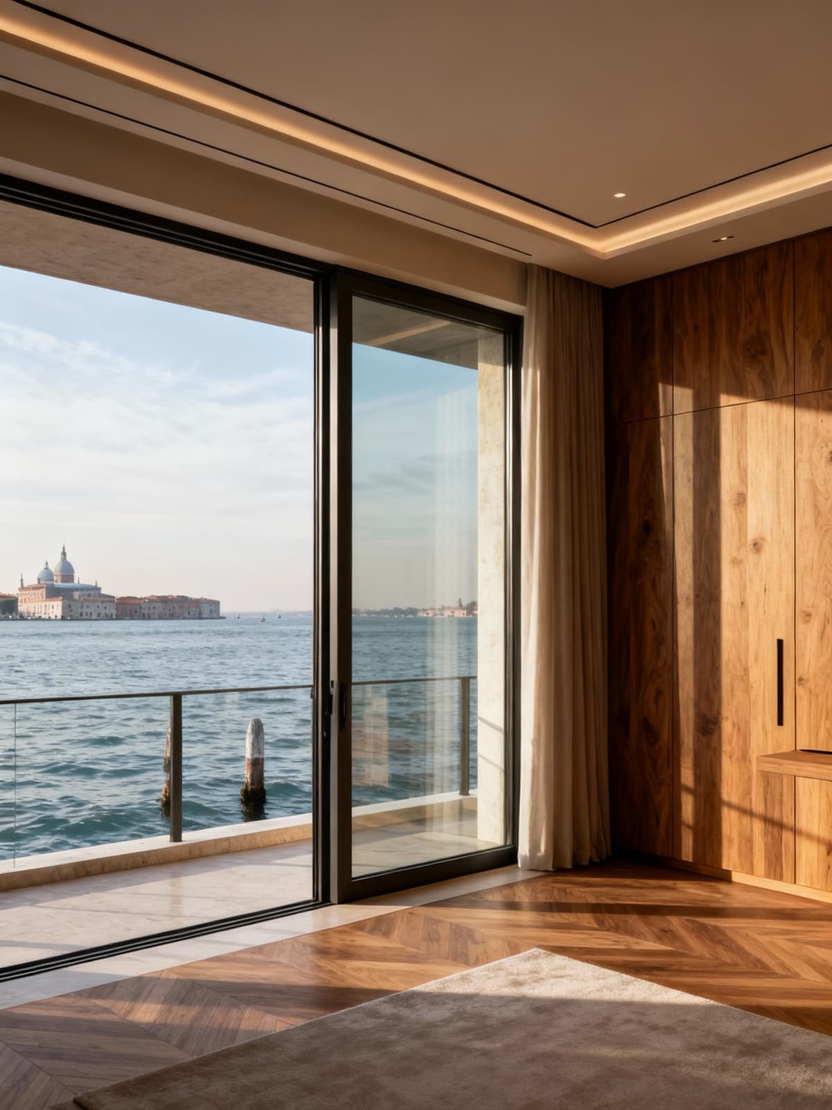 Exclusive apartments with timeless beauty overlooking the Venetian coast, featuring natural light and elegant glass and wood design.