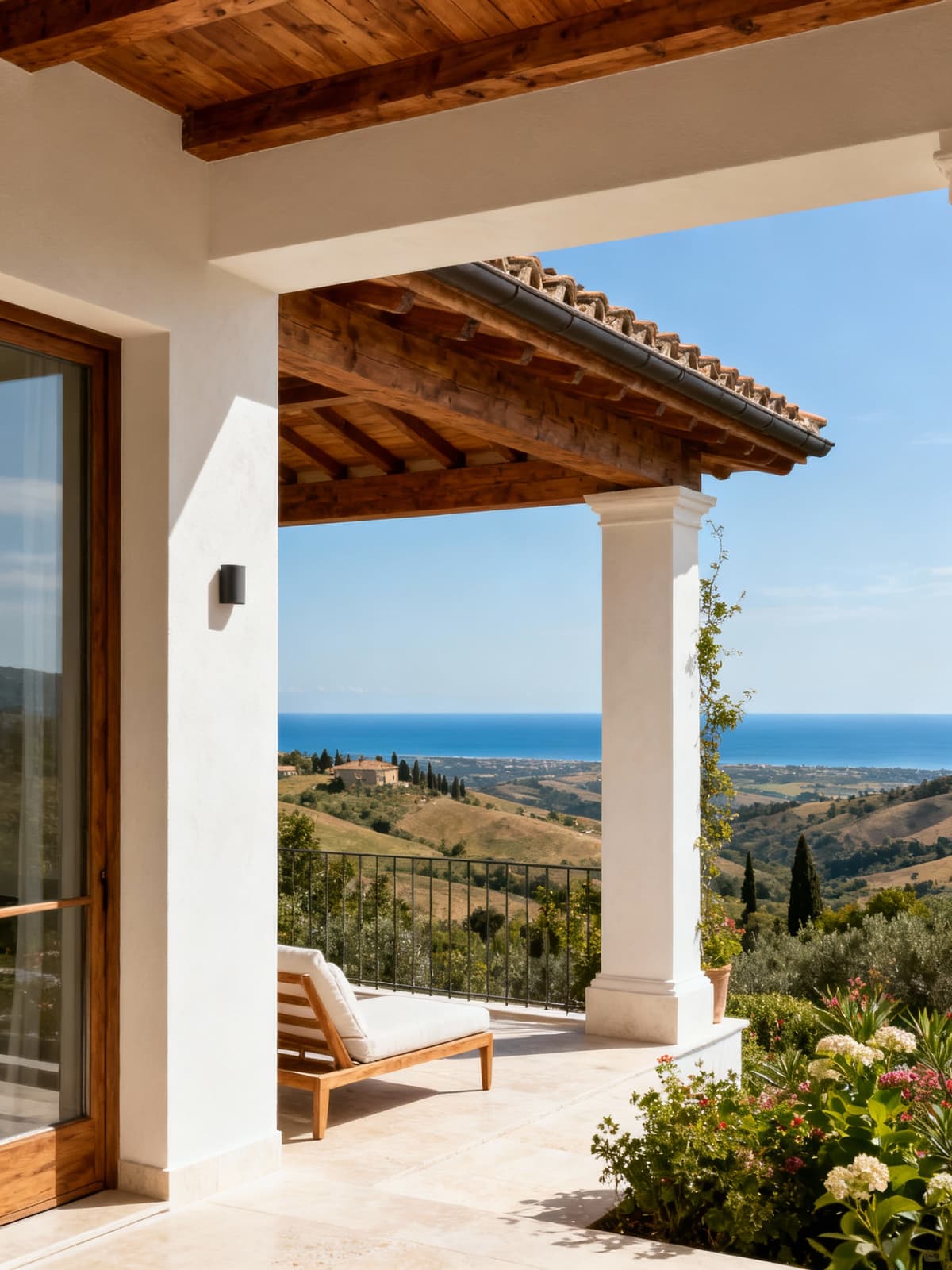 Villa di lusso in Umbria con vista panoramica sui colli e sul mare Adriatico, finiture eleganti in legno e intonaco chiaro.