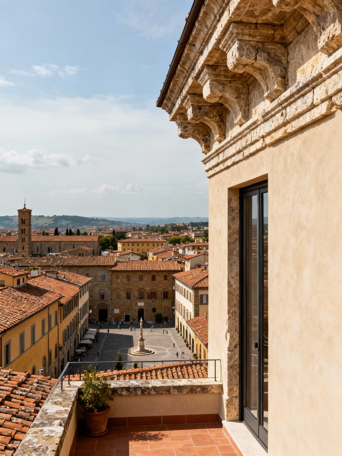 Exclusive townhouse with panoramic views of historic rooftops and plazas in vibrant Tuscan city, featuring elegant architectural details.