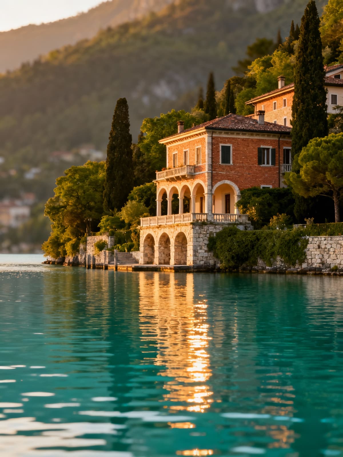 Exclusive villas by the enchanting lakes of Veneto, showcasing breathtaking views at sunset, blending with the natural landscape.