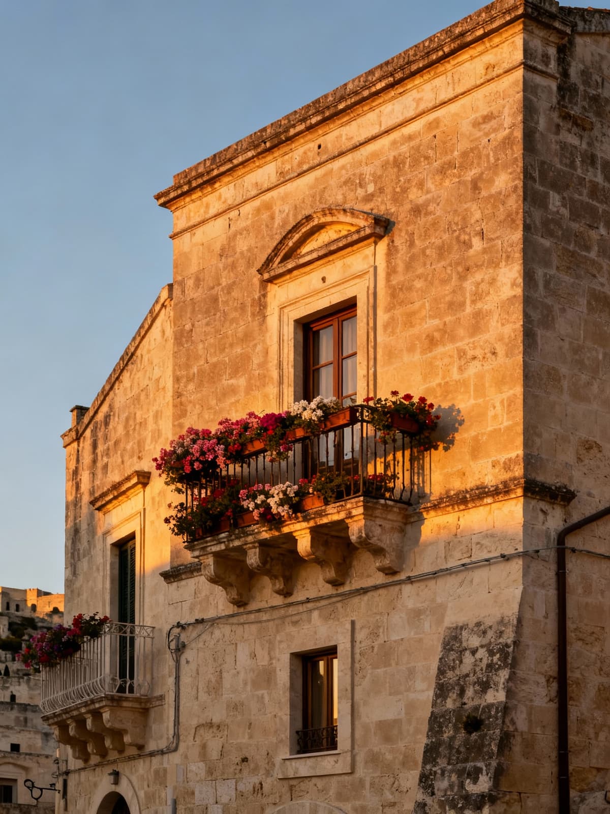 Charming independent houses in the historic center of Matera, showcasing stone architecture and flowered balconies under warm evening light.